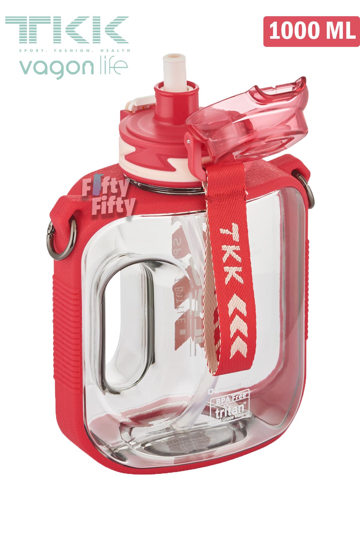 TKK 1000 ML Çift Kullanım Pipetli/Rahat içim Bpa İçermeyen Askılı Tritan Su Matarası FFTKK1022-1000