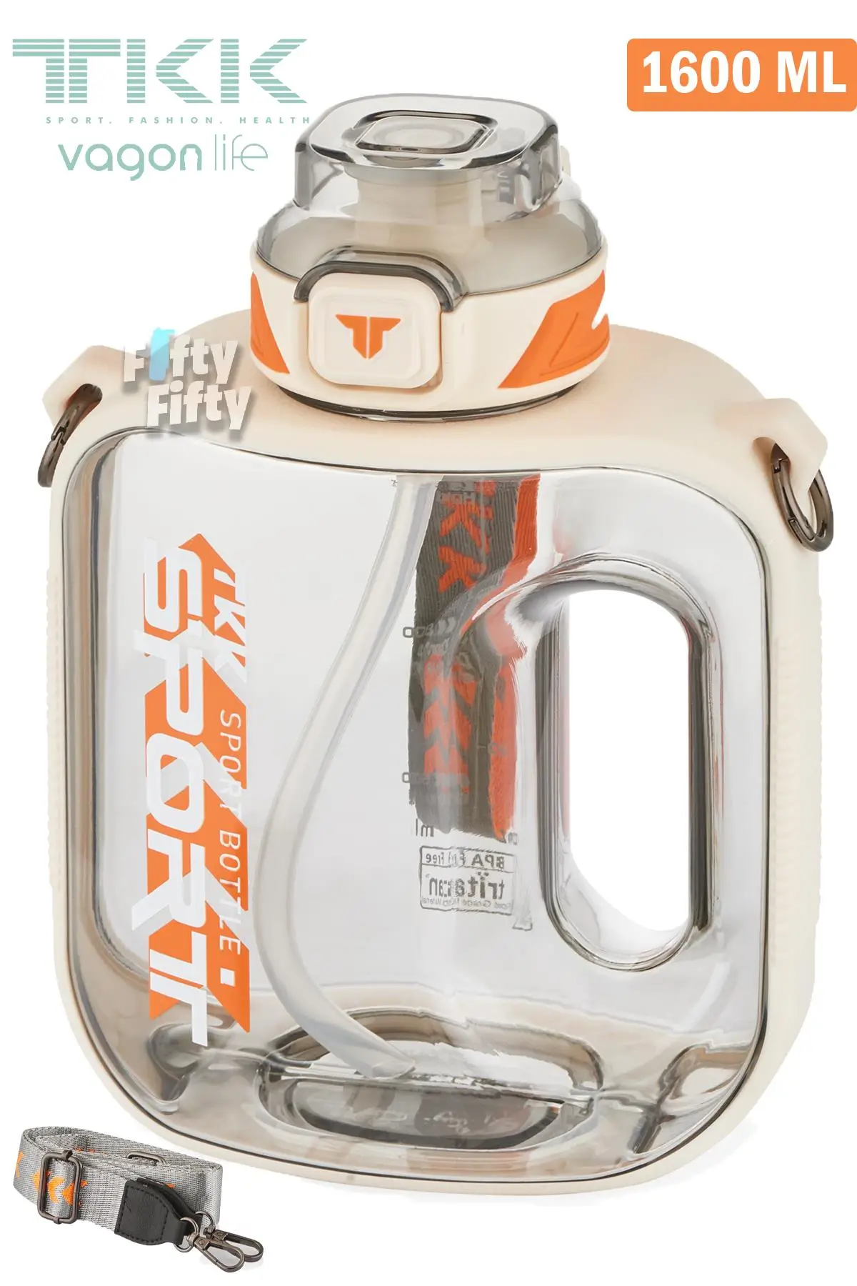 TKK 1600 ML Çift Kullanım Pipetli/Rahat içim Bpa İçermeyen Askılı Tritan Su Matarası FFTKK1022-1600 - BEYAZ