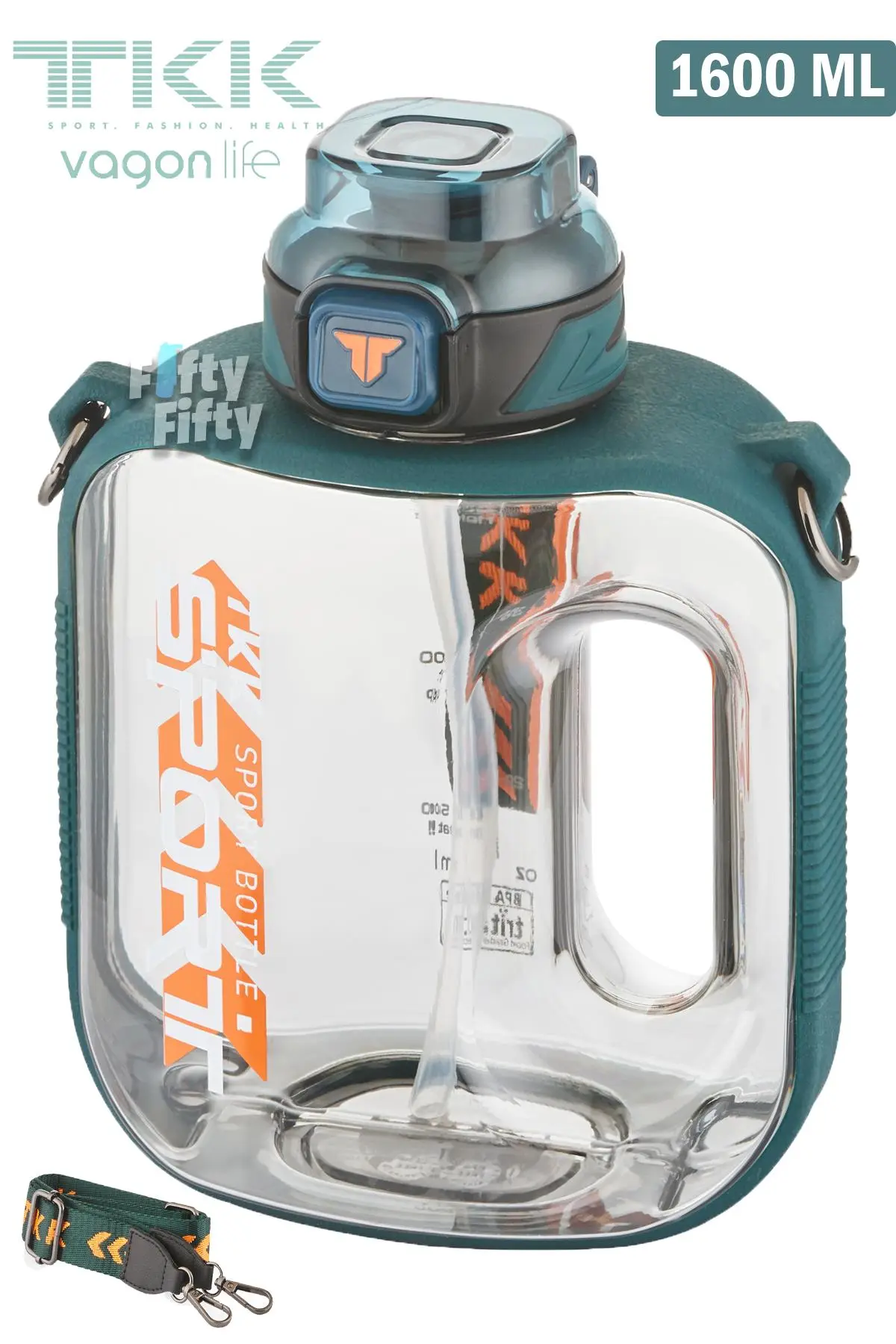 TKK 1600 ML Çift Kullanım Pipetli/Rahat içim Bpa İçermeyen Askılı Tritan Su Matarası FFTKK1022-1600