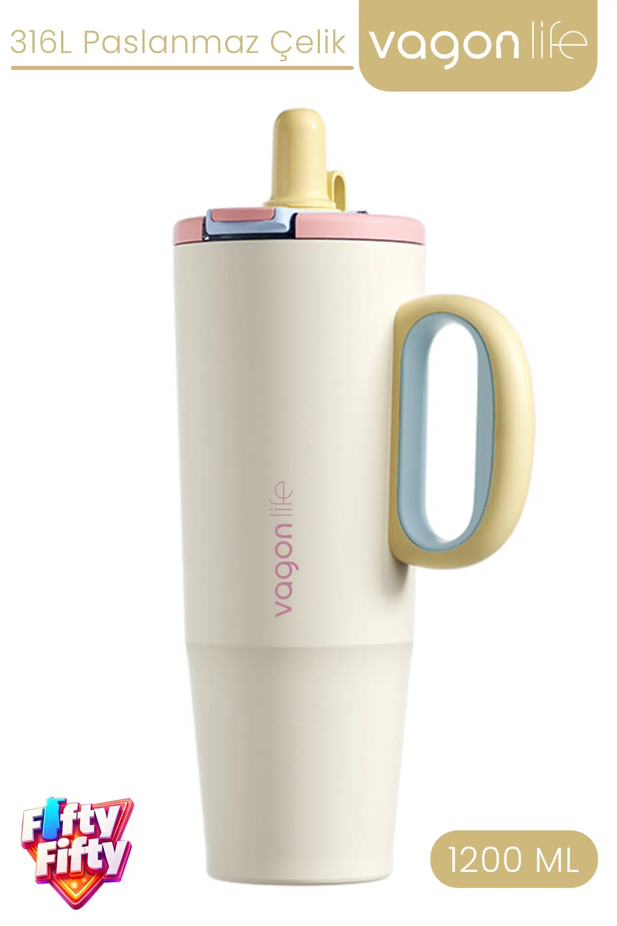 Tumbler 1200 ML Tek Kapak Çift Kullanım Pipetli Rahat İçim Kulplu Paslanmaz Çelik TermosFFVGN1114-1200ML