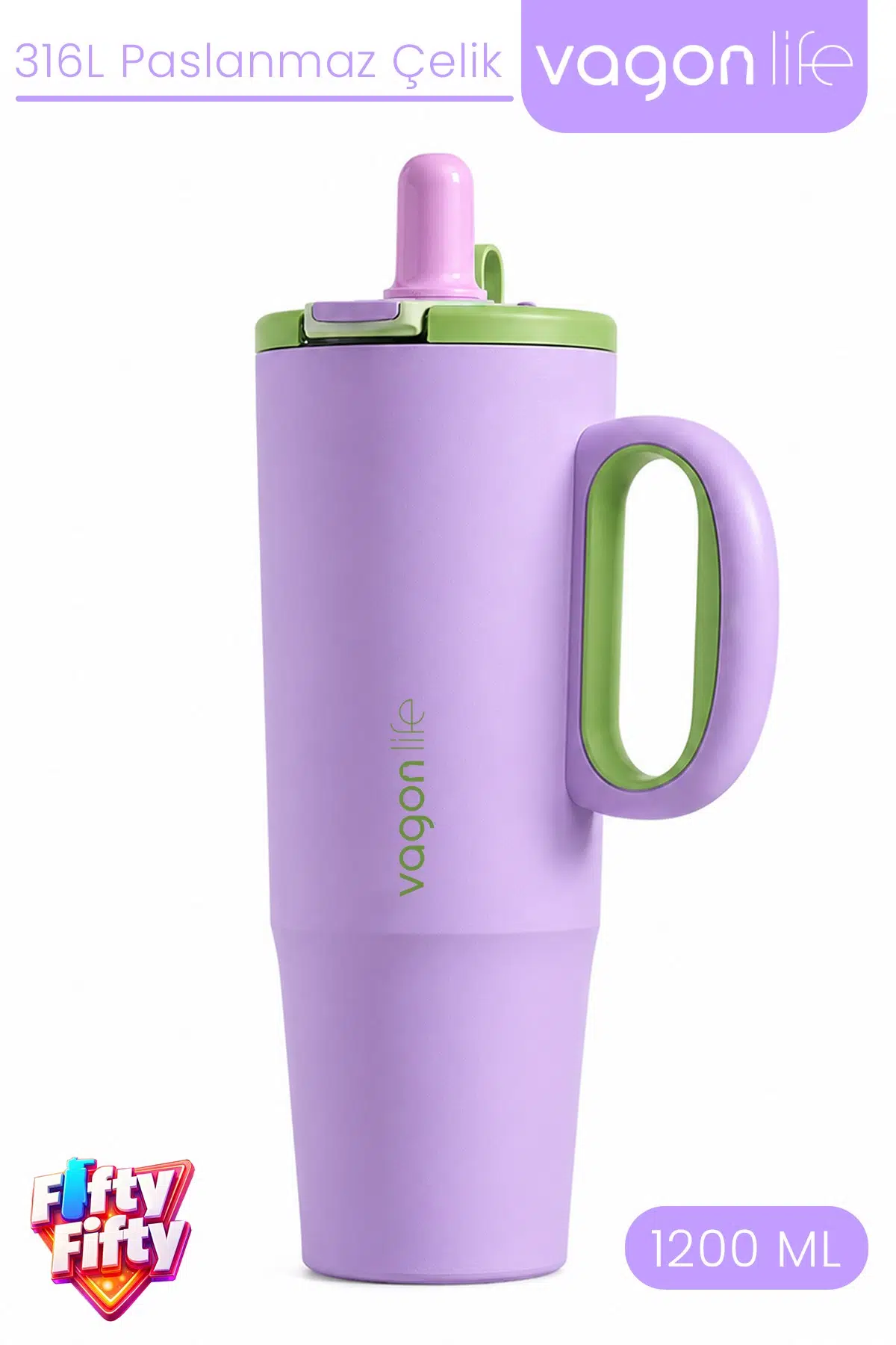 Tumbler 1200 ML Tek Kapak Çift Kullanım Pipetli Rahat İçim Kulplu Paslanmaz Çelik TermosFFVGN1114-1200ML