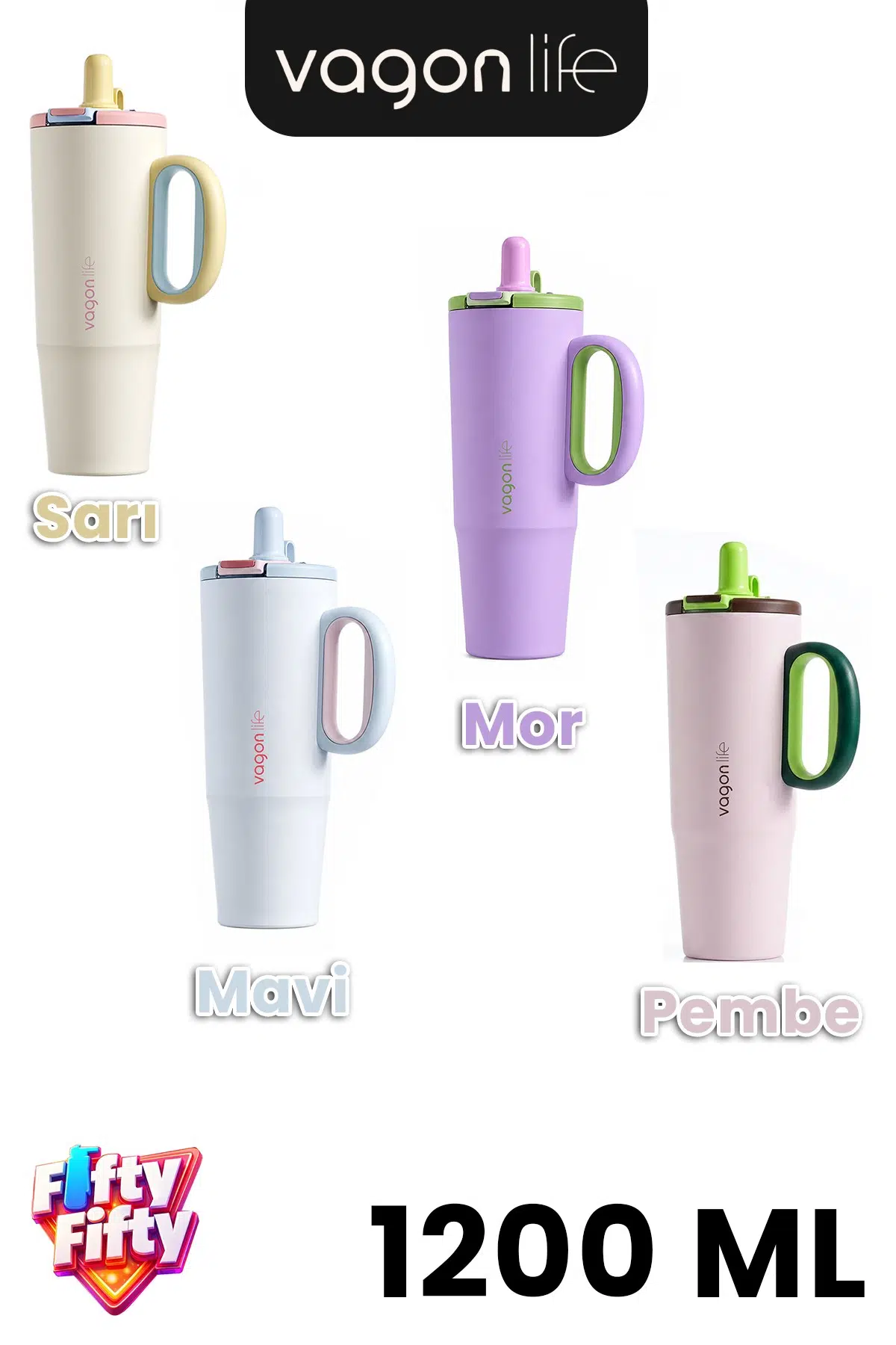 Tumbler 1200 ML Tek Kapak Çift Kullanım Pipetli Rahat İçim Kulplu Paslanmaz Çelik TermosFFVGN1114-1200ML