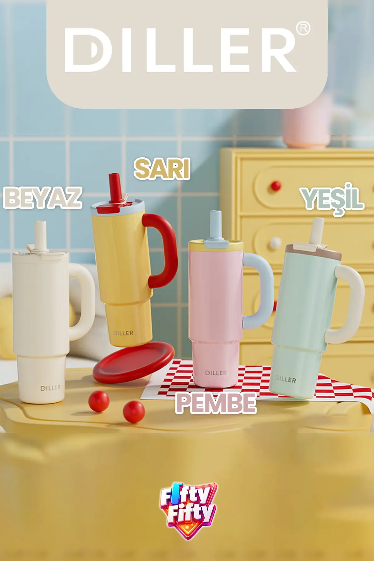 DILLER Tumbler 950 ML Tek Kapak Çift Kullanım Pipetli Rahat İçim Kulplu Paslanmaz Çelik Termos F9511