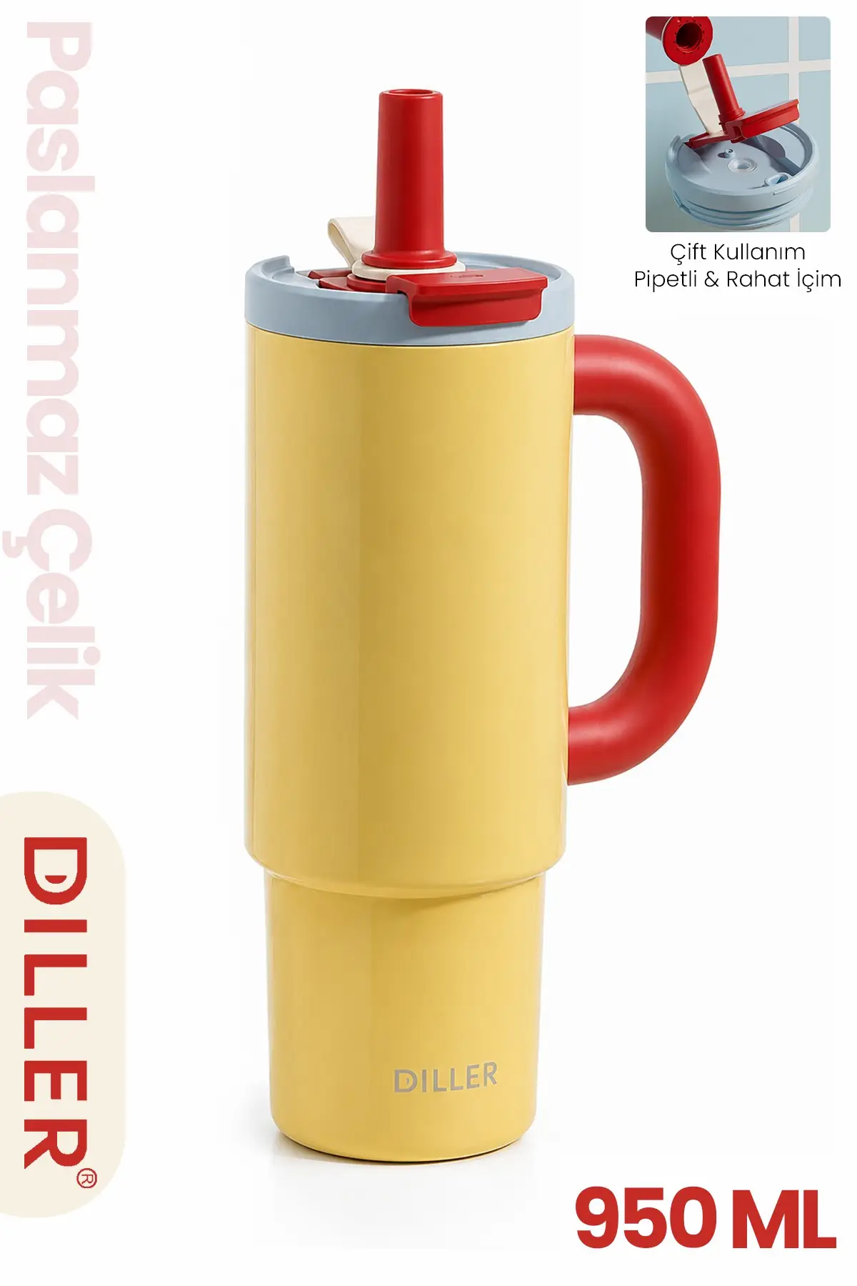 DILLER Tumbler 950 ML Tek Kapak Çift Kullanım Pipetli Rahat İçim Kulplu Paslanmaz Çelik Termos F9511