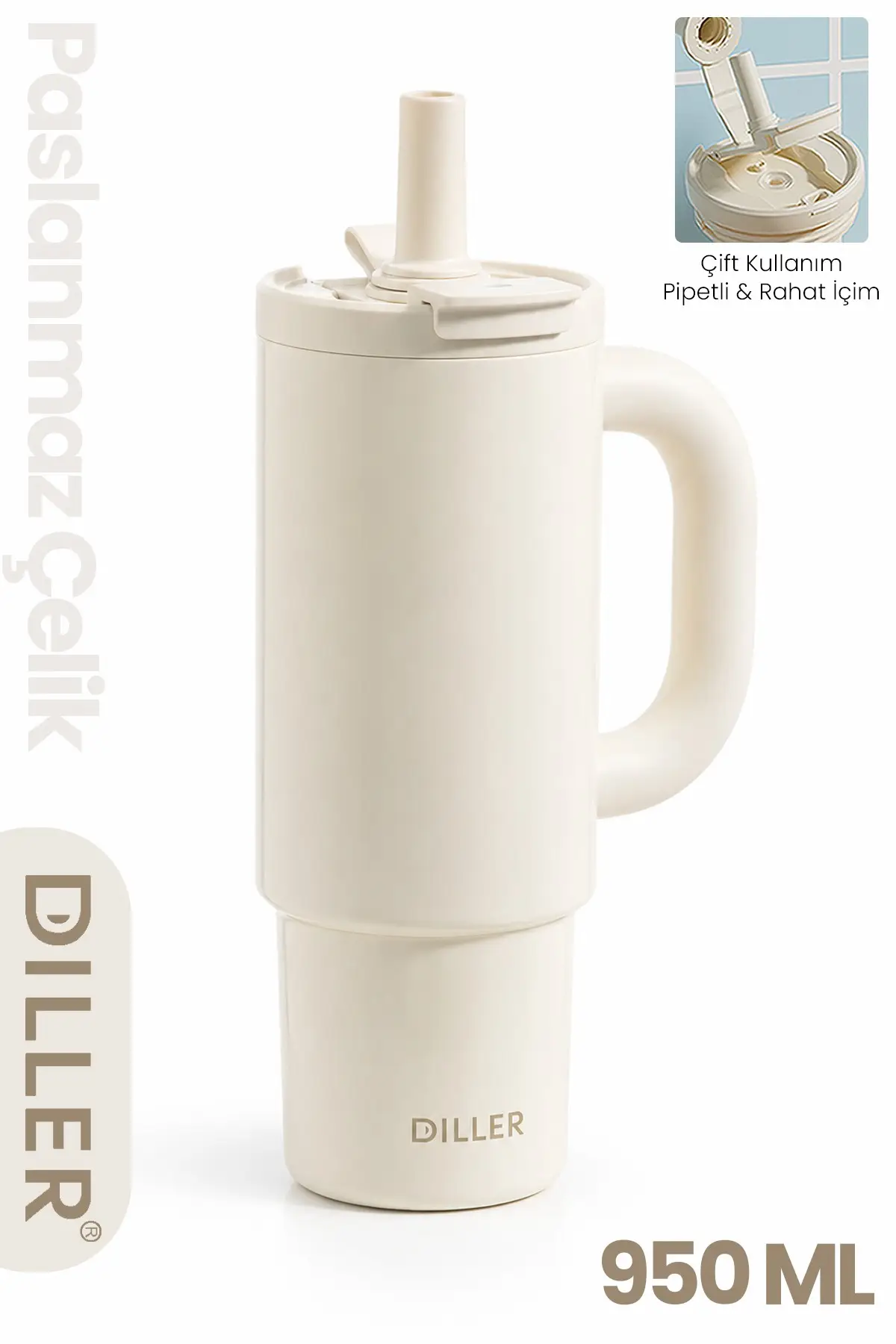 DILLER Tumbler 950 ML Tek Kapak Çift Kullanım Pipetli Rahat İçim Kulplu Paslanmaz Çelik Termos F9511