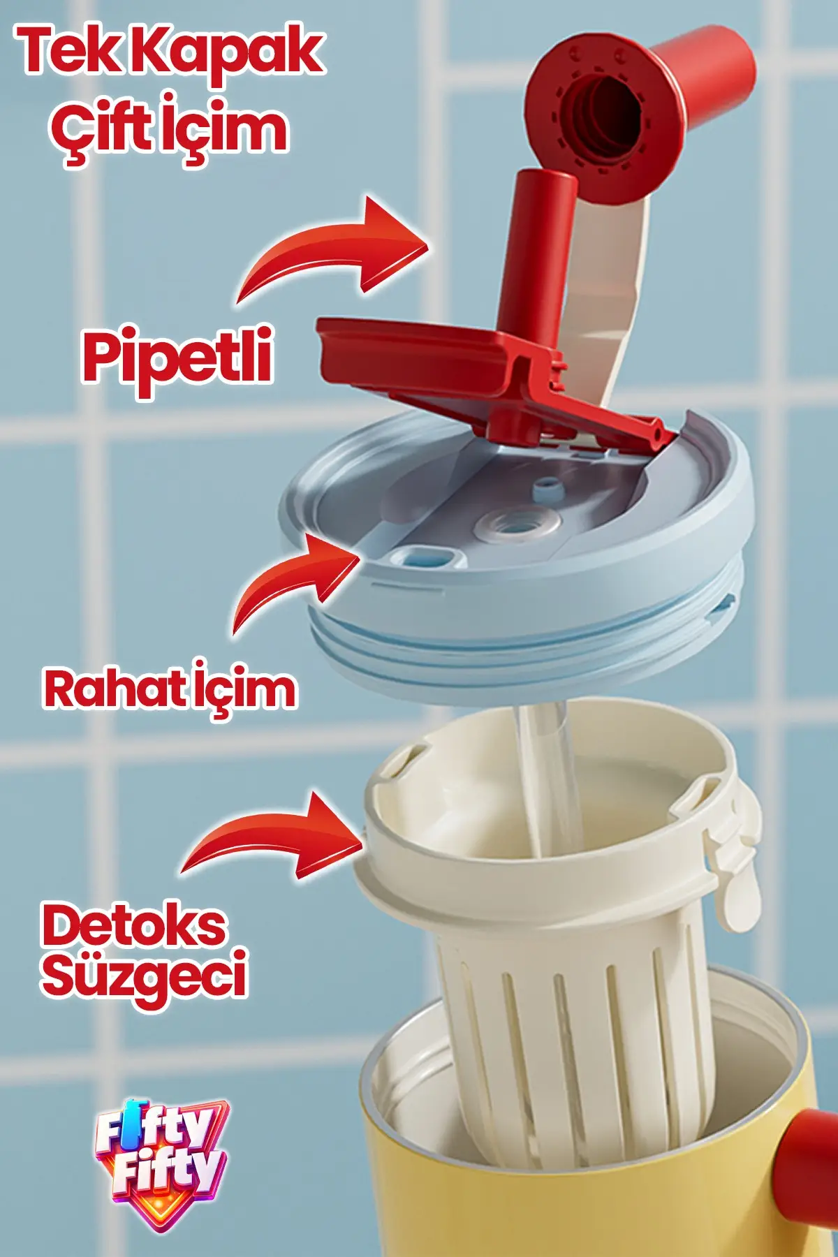 DILLER Tumbler 950 ML Tek Kapak Çift Kullanım Pipetli Rahat İçim Kulplu Paslanmaz Çelik Termos F9511