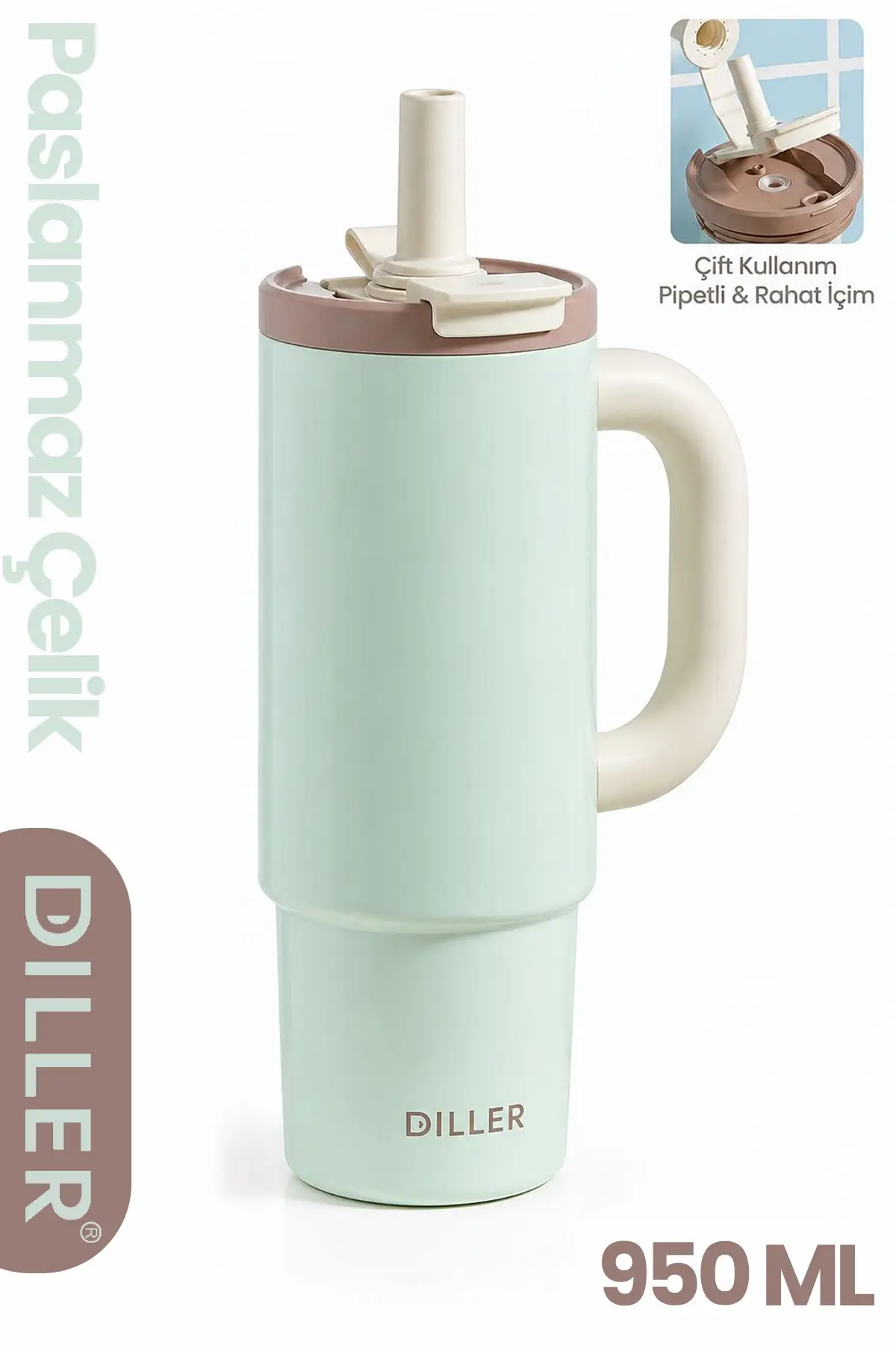 DILLER Tumbler 950 ML Tek Kapak Çift Kullanım Pipetli Rahat İçim Kulplu Paslanmaz Çelik Termos F9511