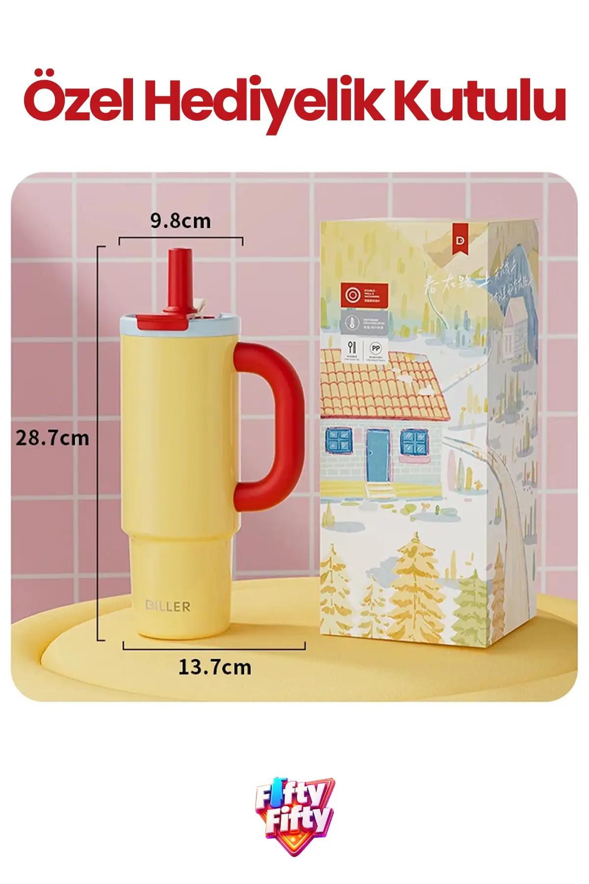 DILLER Tumbler 950 ML Tek Kapak Çift Kullanım Pipetli Rahat İçim Kulplu Paslanmaz Çelik Termos F9511