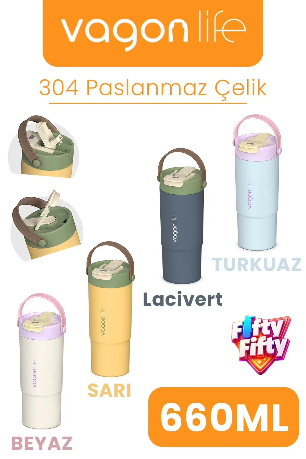 Tumbler Mug 660 ML Tek Kapak Çift Kullanım Pipetli Rahat İçim Kulplu Paslanmaz Çelik Termos 1102-660ML