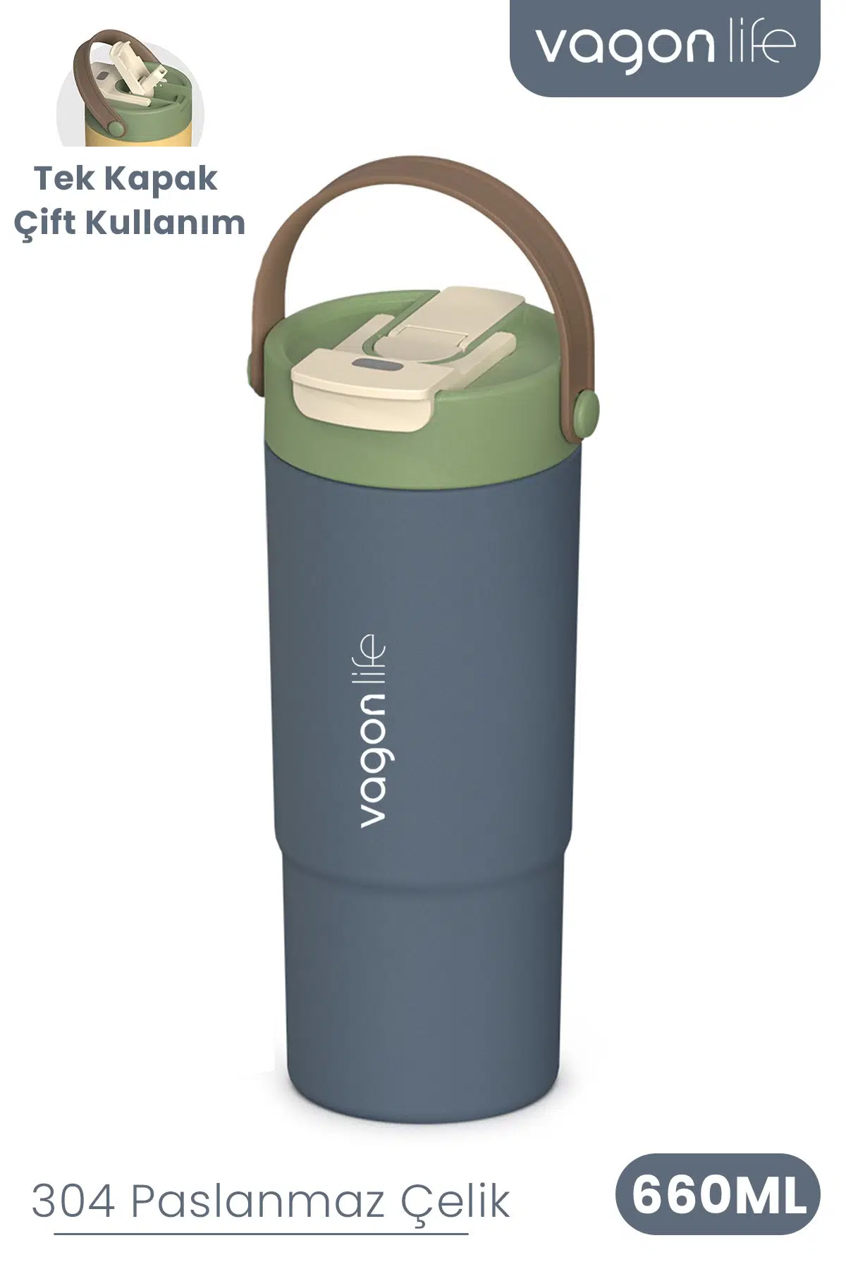 Tumbler Mug 660 ML Tek Kapak Çift Kullanım Pipetli Rahat İçim Kulplu Paslanmaz Çelik Termos 1102-660ML - Lacivert