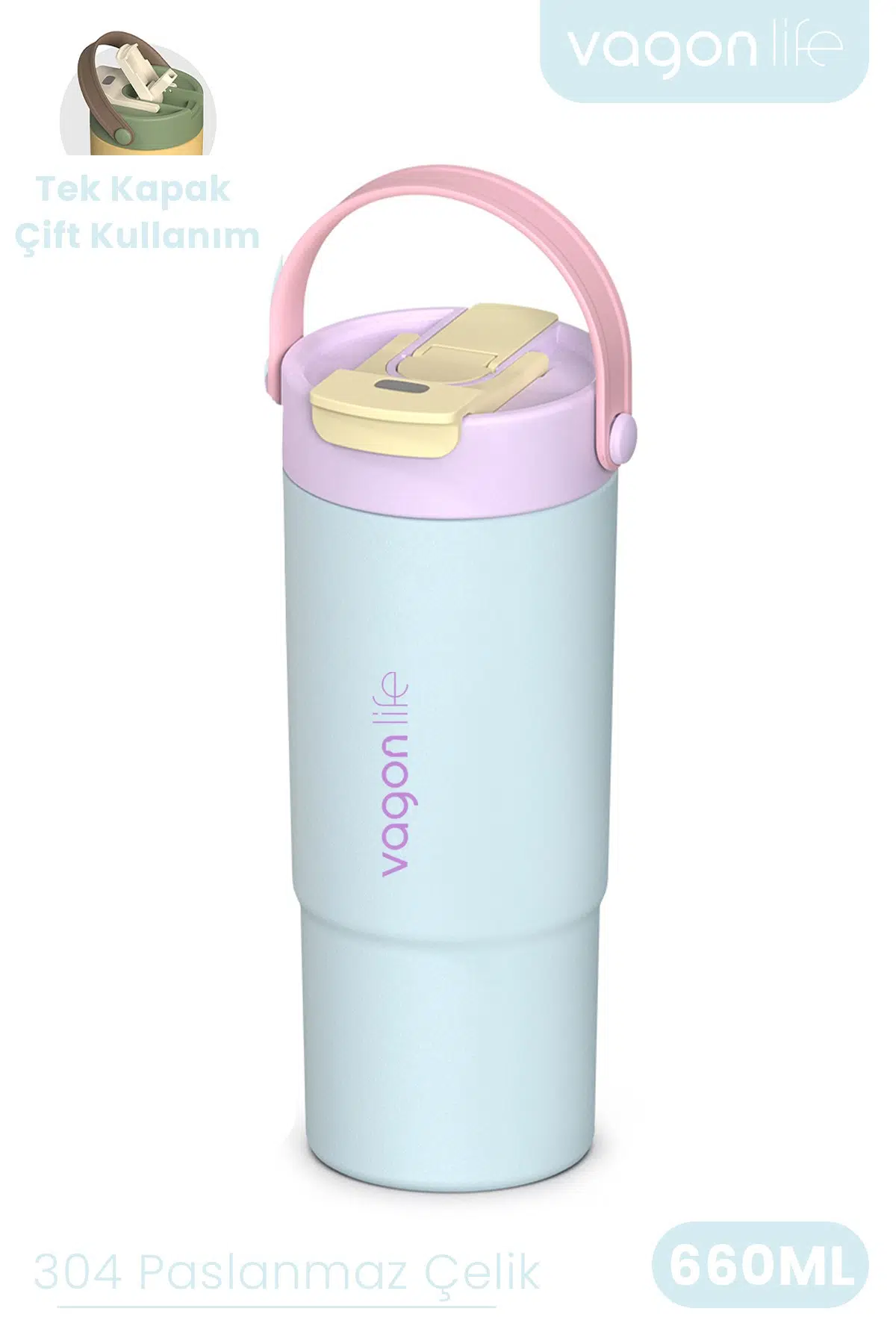 Tumbler Mug 660 ML Tek Kapak Çift Kullanım Pipetli Rahat İçim Kulplu Paslanmaz Çelik Termos 1102-660ML - Turkuaz