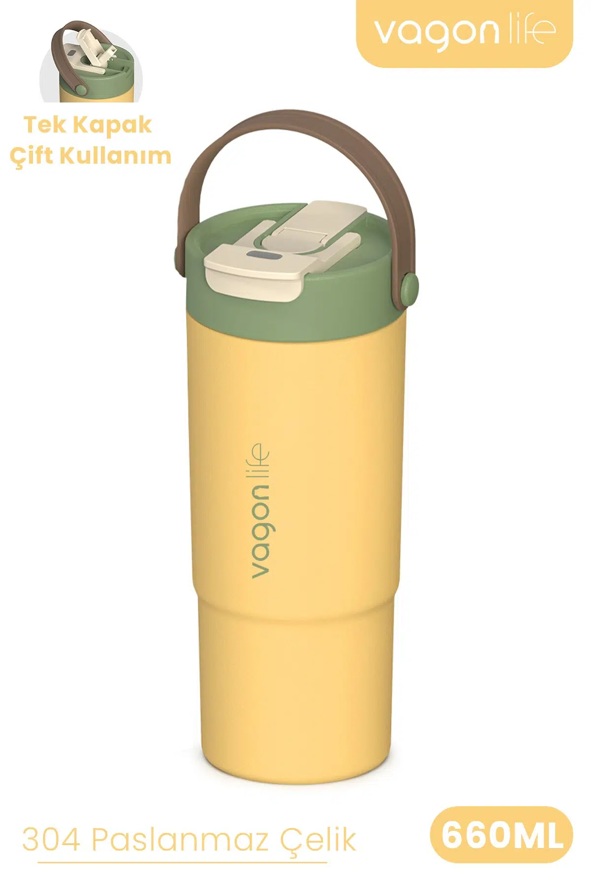 Tumbler Mug 660 ML Tek Kapak Çift Kullanım Pipetli Rahat İçim Kulplu Paslanmaz Çelik Termos 1102-660ML - Sarı