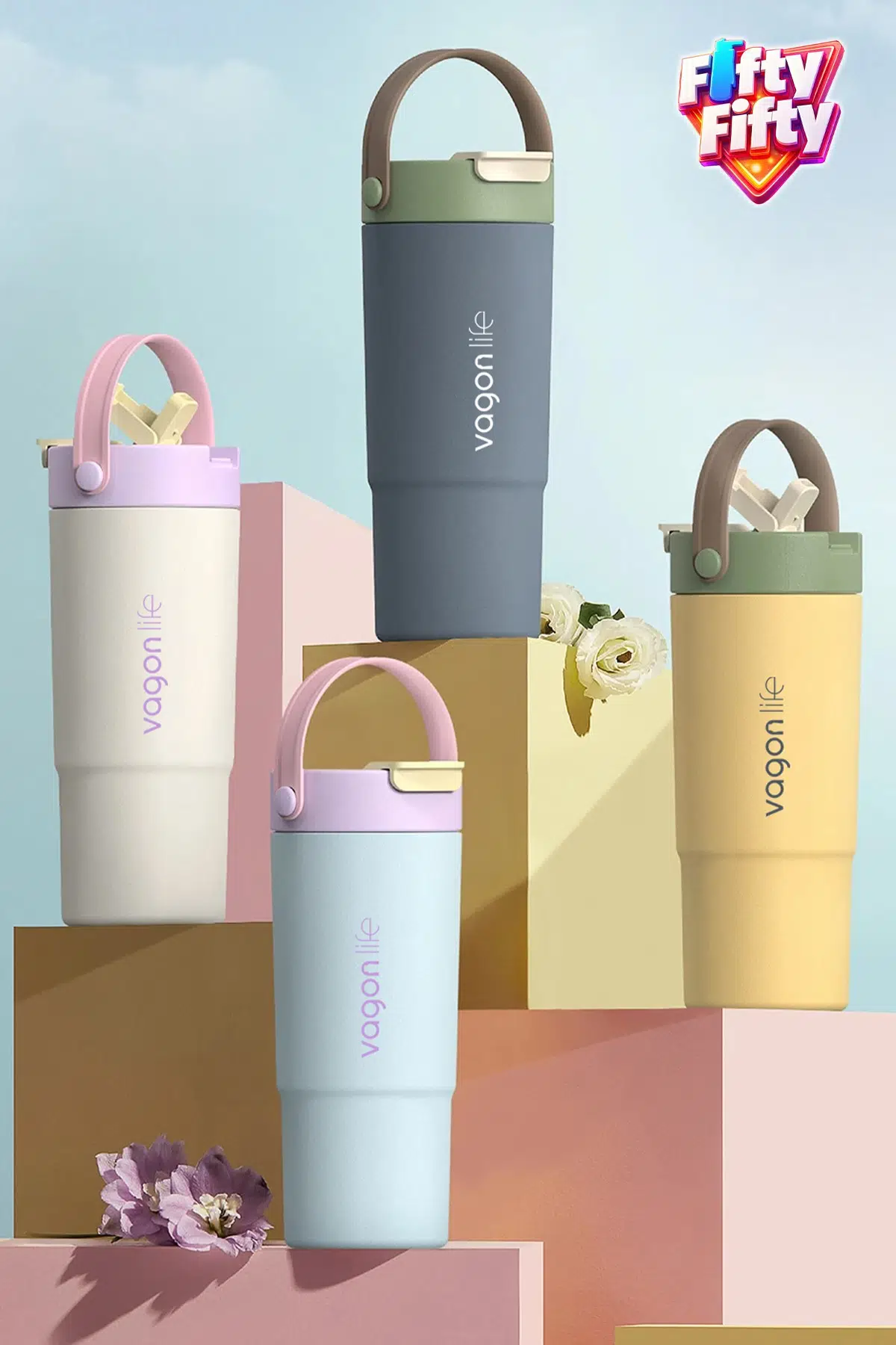 Tumbler Mug 660 ML Tek Kapak Çift Kullanım Pipetli Rahat İçim Kulplu Paslanmaz Çelik Termos 1102-660ML