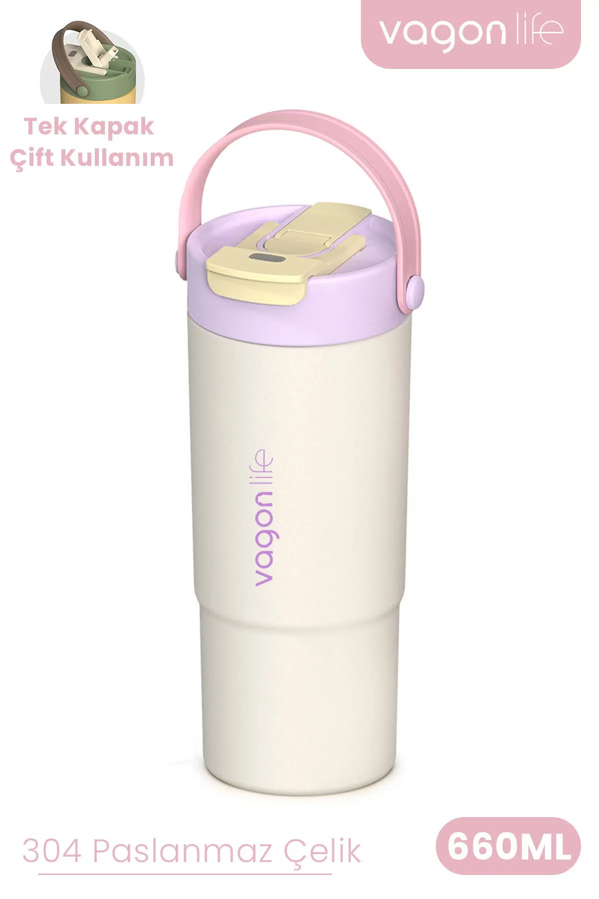 Tumbler Mug 660 ML Tek Kapak Çift Kullanım Pipetli Rahat İçim Kulplu Paslanmaz Çelik Termos 1102-660ML - Beyaz