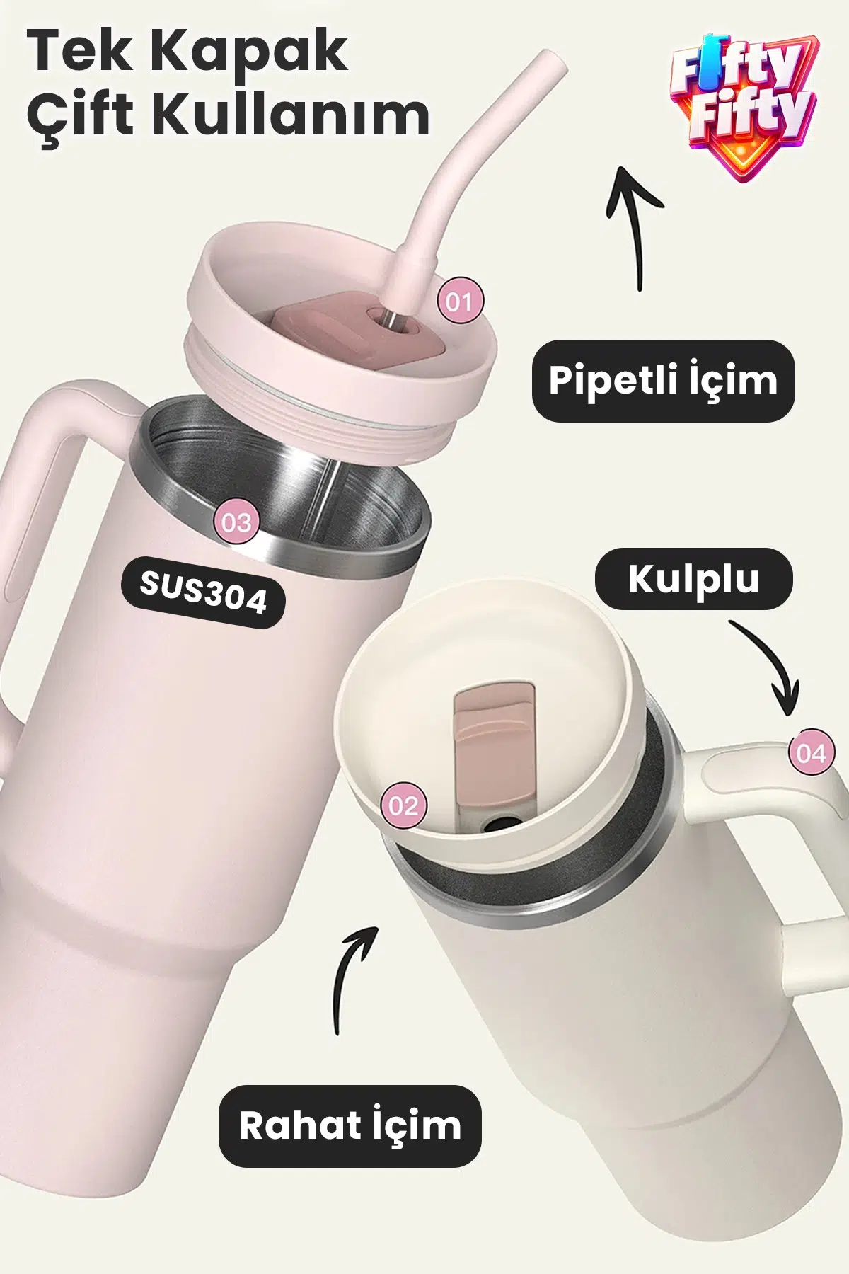 Tumbler Quencher Cup 1200 ML Pipetli Rahat İçim Kulplu SUS304 Paslanmaz Çelik 1.2L Termos 1103-1200ML