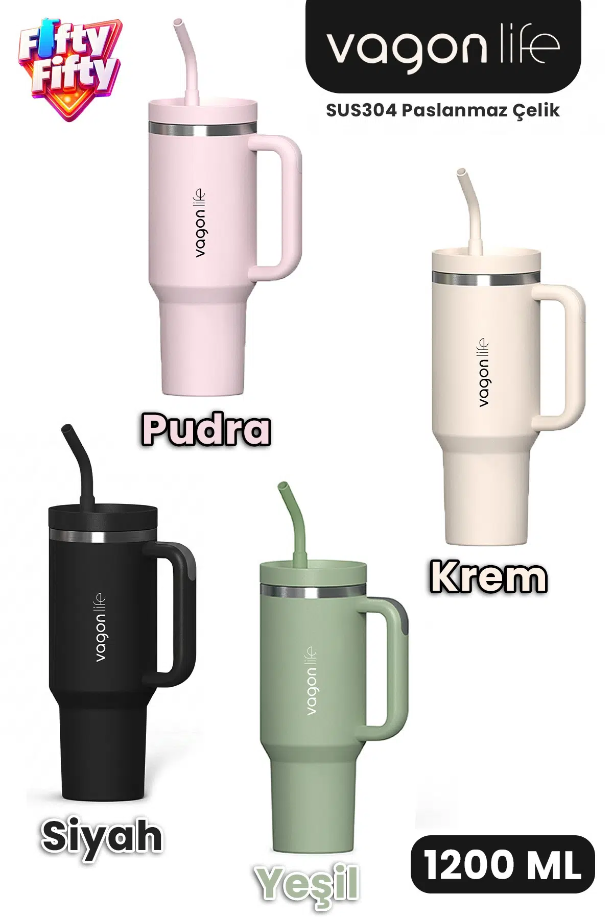 Tumbler Quencher Cup 1200 ML Pipetli Rahat İçim Kulplu SUS304 Paslanmaz Çelik 1.2L Termos 1103-1200ML