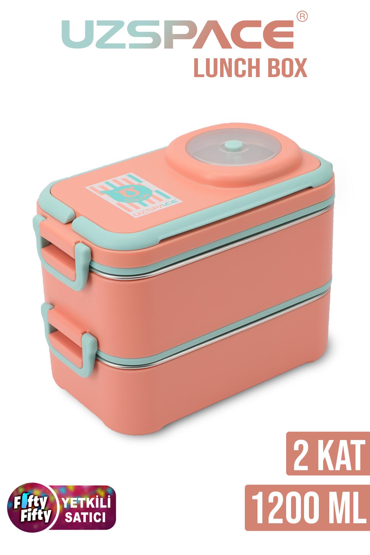 Uzspace 1200 ML İki Kat Dört Bölme Paslanmaz Çelik Lunch Box Yeni Nesil Sefer Tası-Sos Kaseli Model-FFLBOX8023 - Turuncu