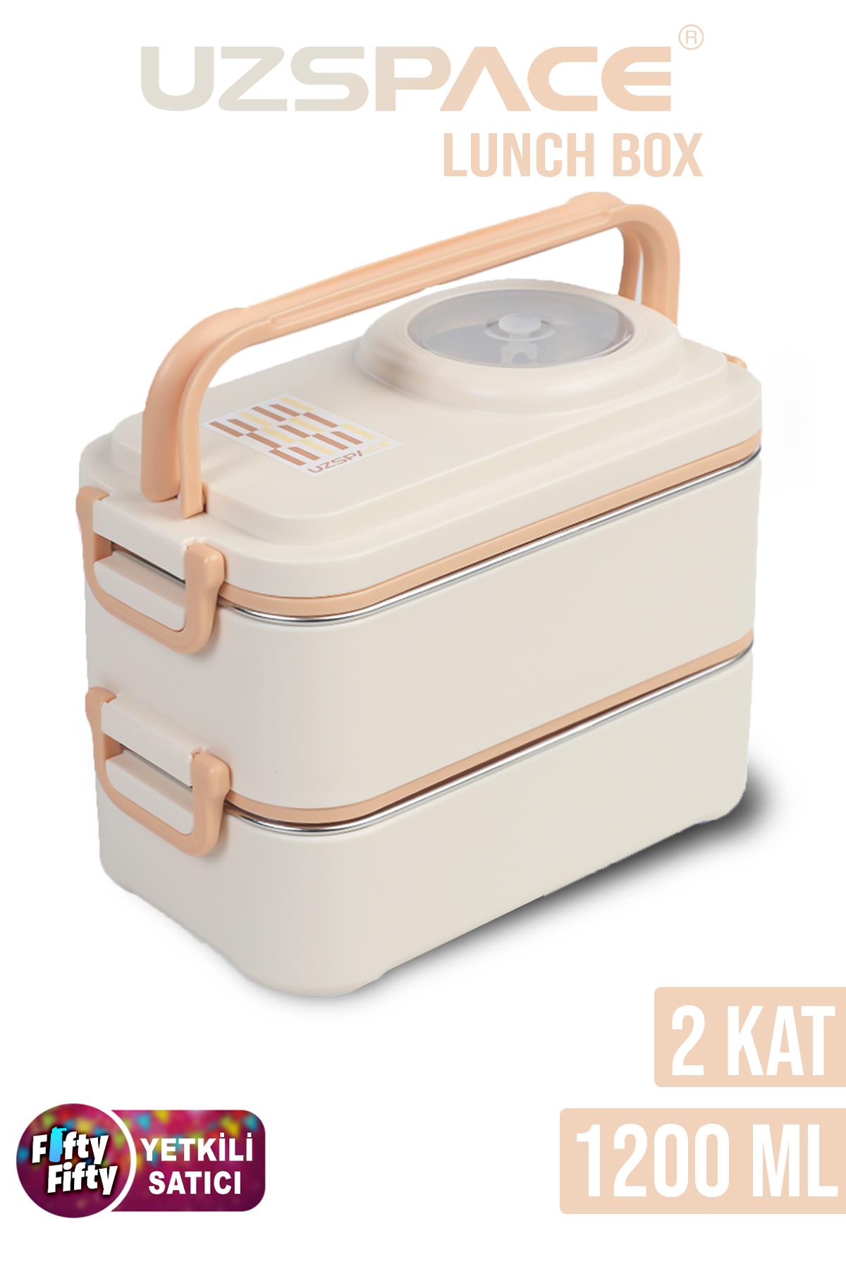 Uzspace 1200 ML İki Kat Dört Bölme Paslanmaz Çelik Lunch Box Yeni Nesil Sefer Tası-Sos Kaseli Model-FFLBOX8023 - Bej