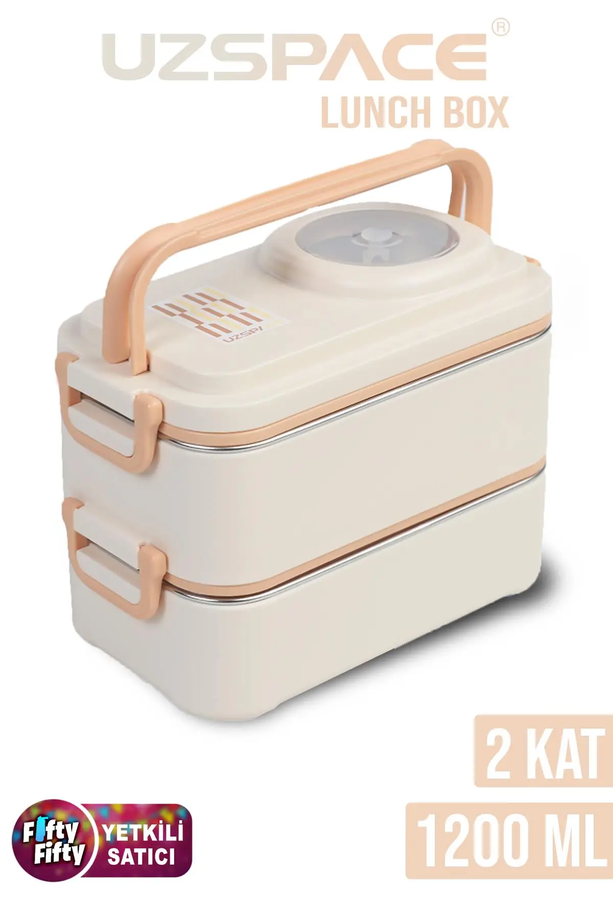 Uzspace 1200 ML İki Kat Dört Bölme Paslanmaz Çelik Lunch Box Yeni Nesil Sefer Tası-Sos Kaseli Model-FFLBOX8023 - Bej