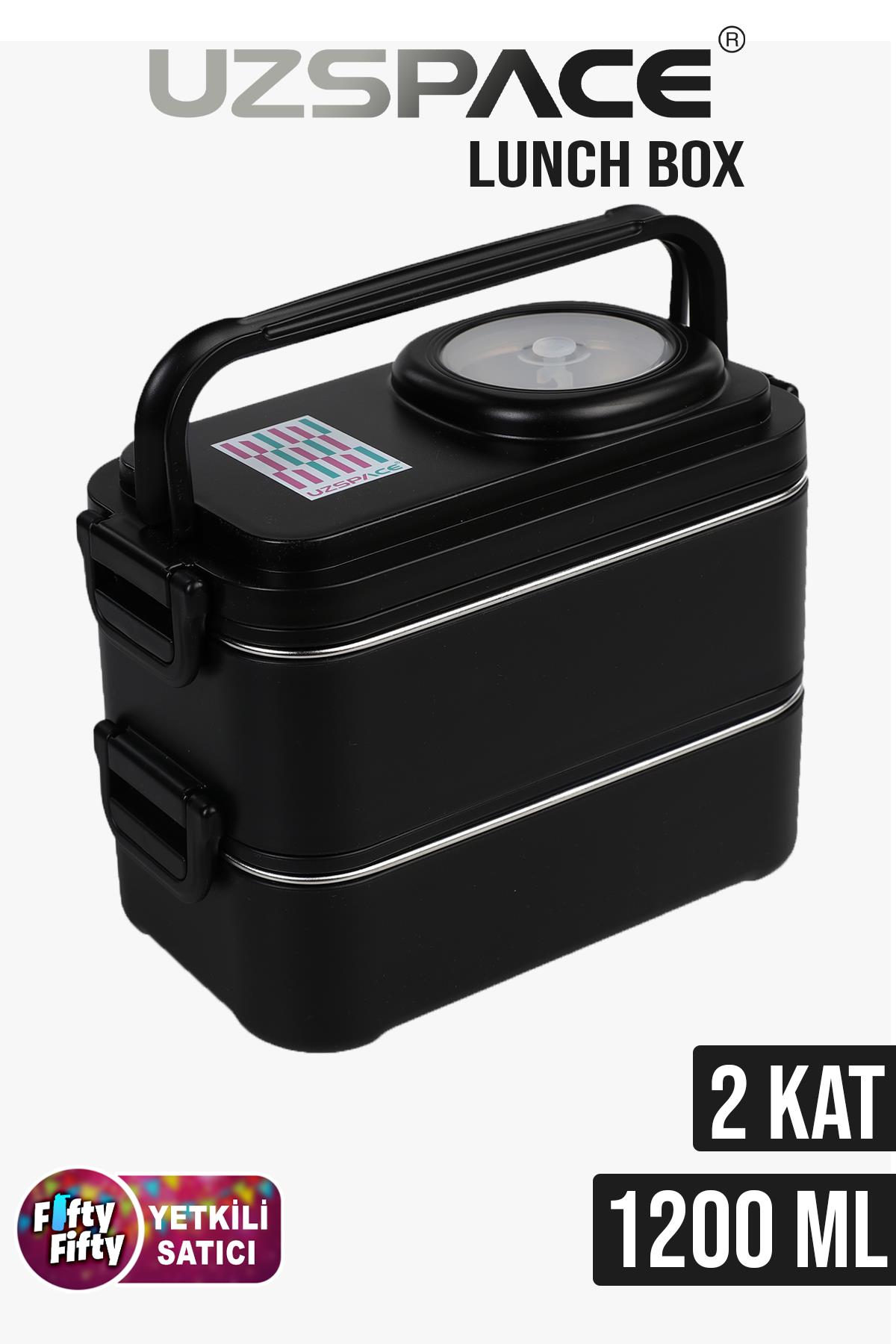 Uzspace 1200 ML İki Kat Dört Bölme Paslanmaz Çelik Lunch Box Yeni Nesil Sefer Tası-Sos Kaseli Model-FFLBOX8023 - Siyah