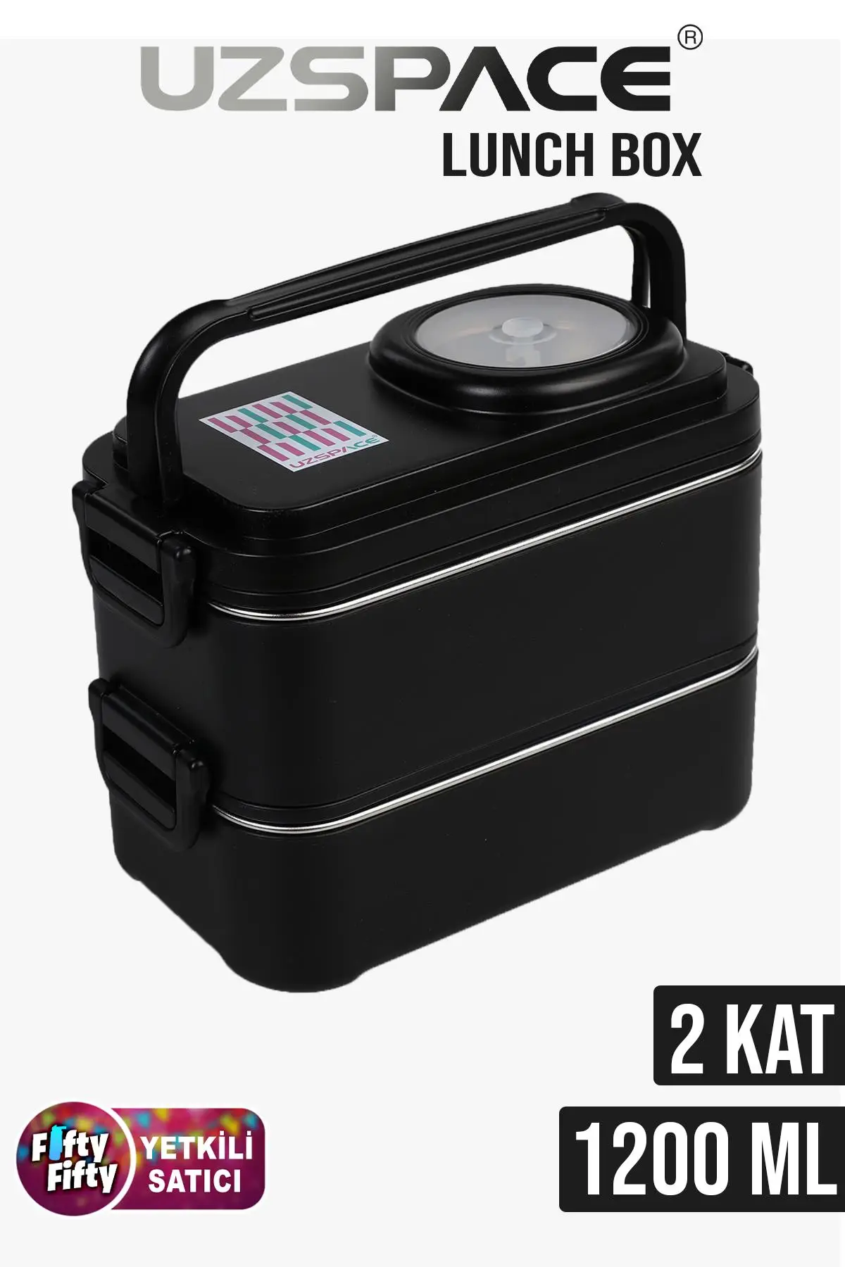 Uzspace 1200 ML İki Kat Dört Bölme Paslanmaz Çelik Lunch Box Yeni Nesil Sefer Tası-Sos Kaseli Model-FFLBOX8023 - Siyah