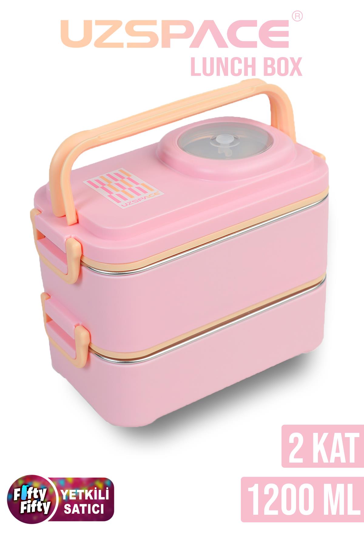 Uzspace 1200 ML İki Kat Dört Bölme Paslanmaz Çelik Lunch Box Yeni Nesil Sefer Tası-Sos Kaseli Model-FFLBOX8023 - Pembe
