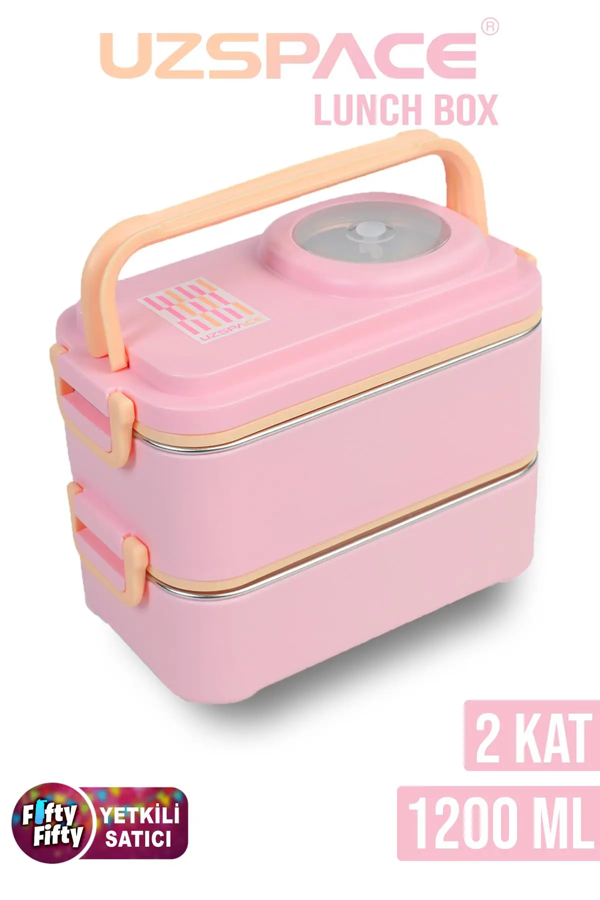 Uzspace 1200 ML İki Kat Dört Bölme Paslanmaz Çelik Lunch Box Yeni Nesil Sefer Tası-Sos Kaseli Model-FFLBOX8023 - Pembe