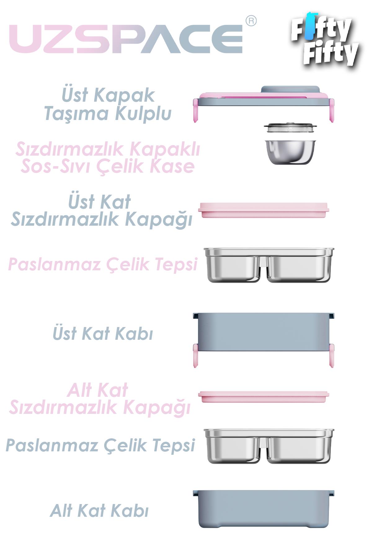 Uzspace 1200 ML İki Kat Dört Bölme Paslanmaz Çelik Lunch Box Yeni Nesil Sefer Tası-Sos Kaseli Model-FFLBOX8023