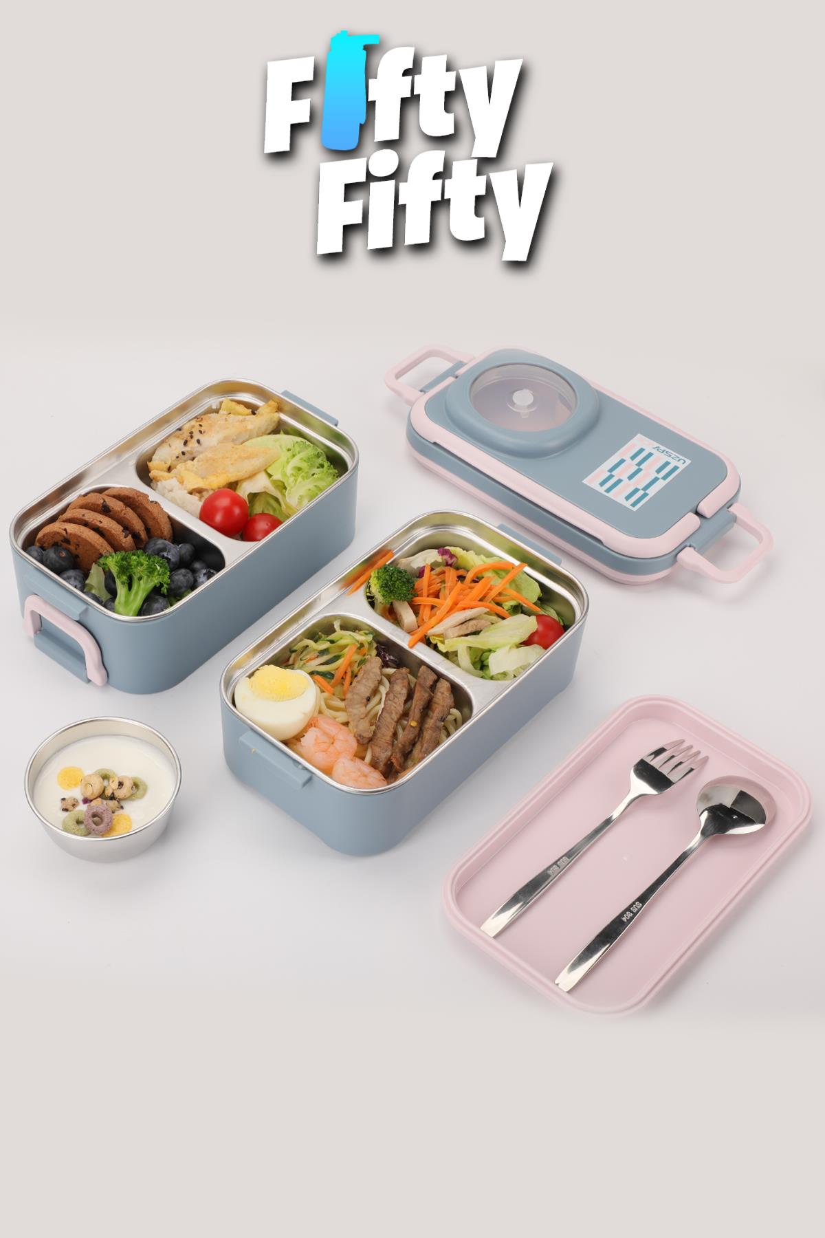 Uzspace 1200 ML İki Kat Dört Bölme Paslanmaz Çelik Lunch Box Yeni Nesil Sefer Tası-Sos Kaseli Model-FFLBOX8023