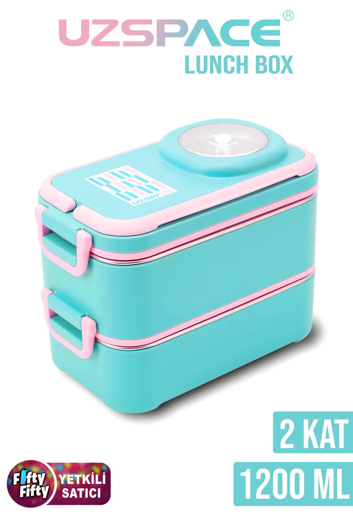 Uzspace 1200 ML İki Kat Dört Bölme Paslanmaz Çelik Lunch Box Yeni Nesil Sefer Tası-Sos Kaseli Model-FFLBOX8023 - Turkuaz