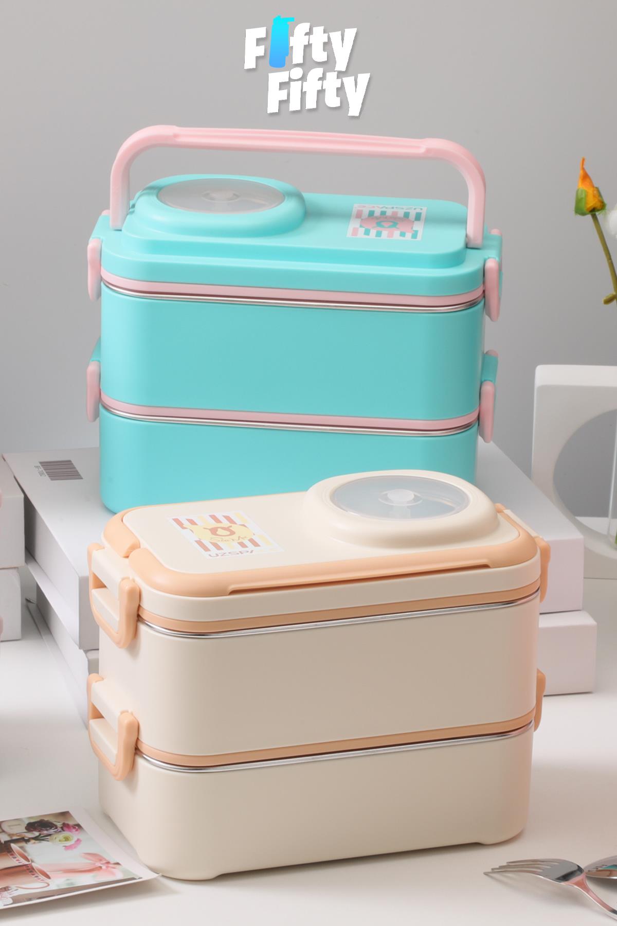 Uzspace 1200 ML İki Kat Dört Bölme Paslanmaz Çelik Lunch Box Yeni Nesil Sefer Tası-Sos Kaseli Model-FFLBOX8023