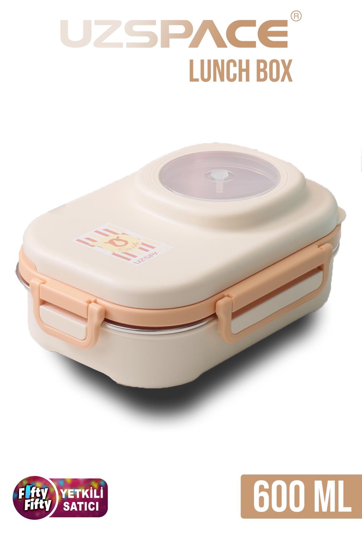 Uzspace 600 ML Çorba Kaseli-Çelik Kaşık Çatallı Paslanmaz Çelik Bento Lunch Box Yeni Nesil Sefer Tası-FFLBOX8021600 - Bej