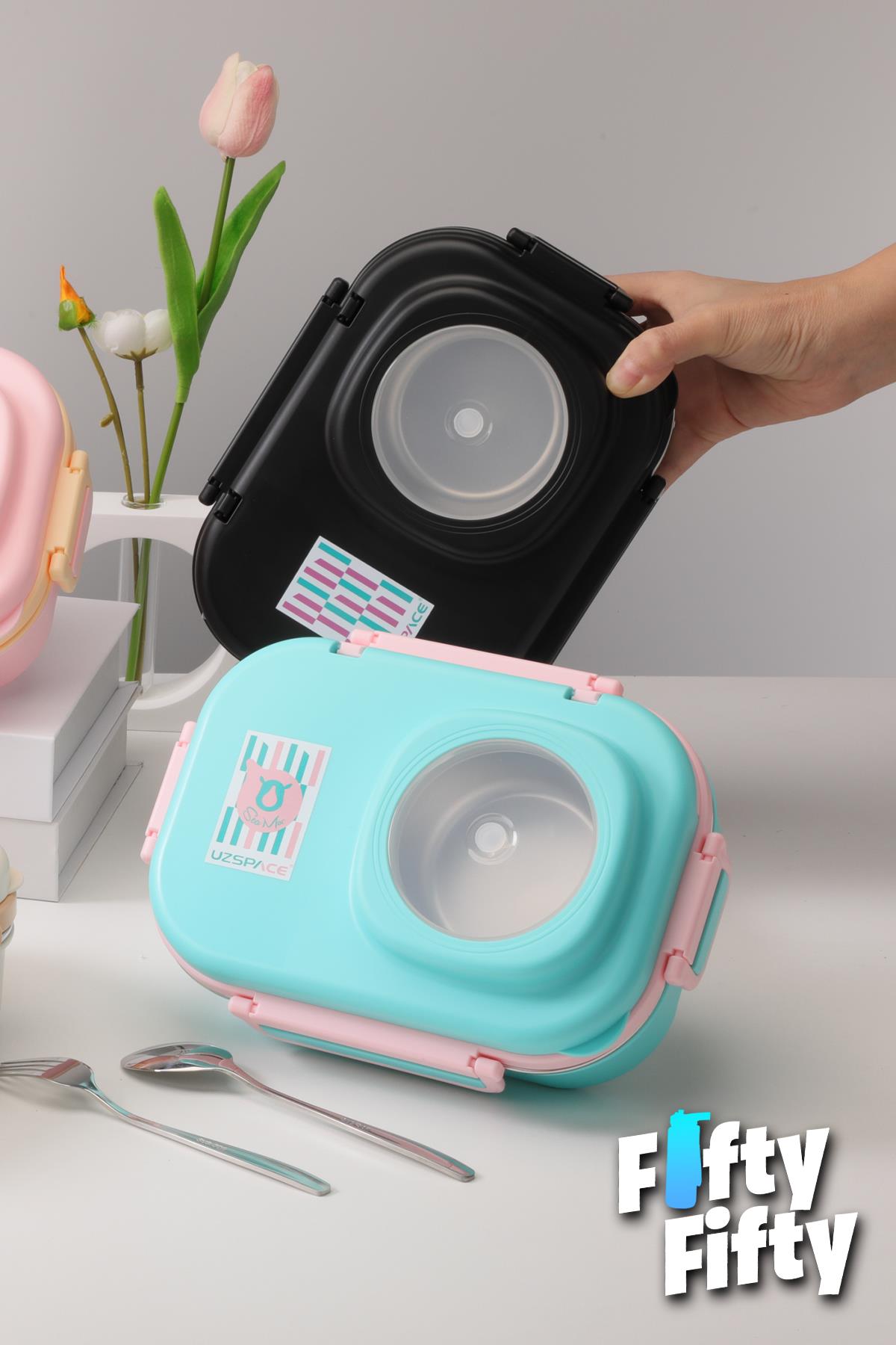 Uzspace 600 ML Çorba Kaseli-Çelik Kaşık Çatallı Paslanmaz Çelik Bento Lunch Box Yeni Nesil Sefer Tası-FFLBOX8021600