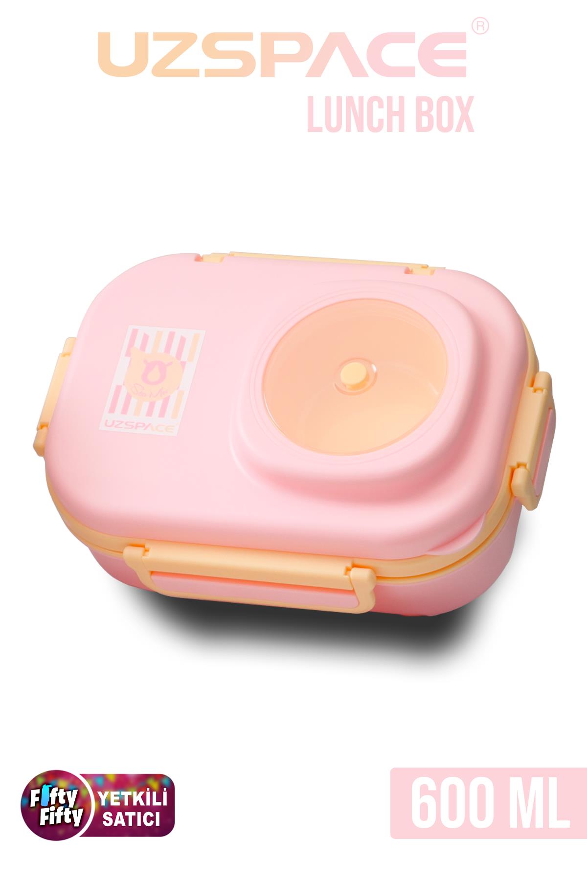 Uzspace 600 ML Çorba Kaseli-Çelik Kaşık Çatallı Paslanmaz Çelik Bento Lunch Box Yeni Nesil Sefer Tası-FFLBOX8021600 - Pembe