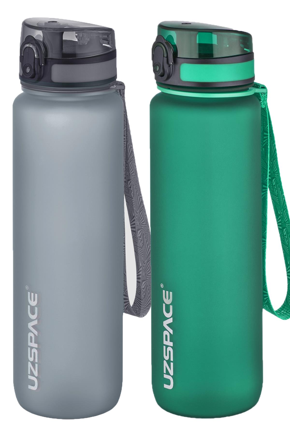 Uzspace 2'li Tritan Matara Seti 1000 ml Büyük Boy 14 Farklı Renk Seçeneği FiftyFifty - Gri-KoyuYeşil