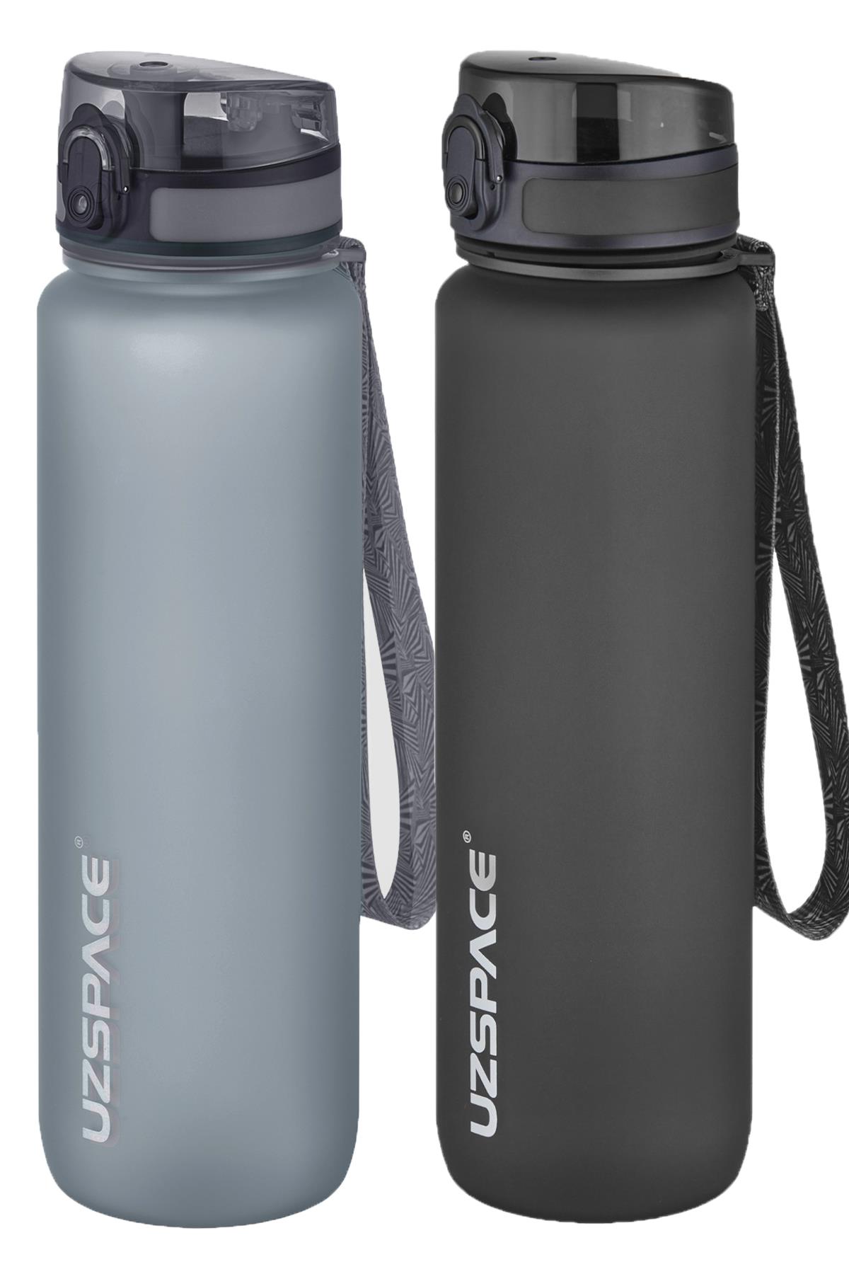 Uzspace 2'li Tritan Matara Seti 1000 ml Büyük Boy 14 Farklı Renk Seçeneği FiftyFifty - Gri-Siyah