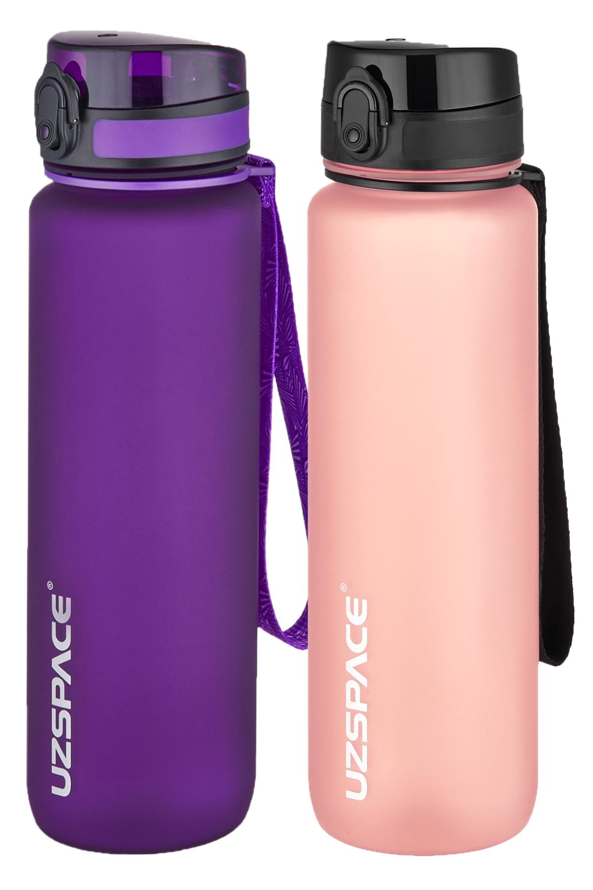 Uzspace 2'li Tritan Matara Seti 1000 ml Büyük Boy 14 Farklı Renk Seçeneği FiftyFifty - Mor-Pudra