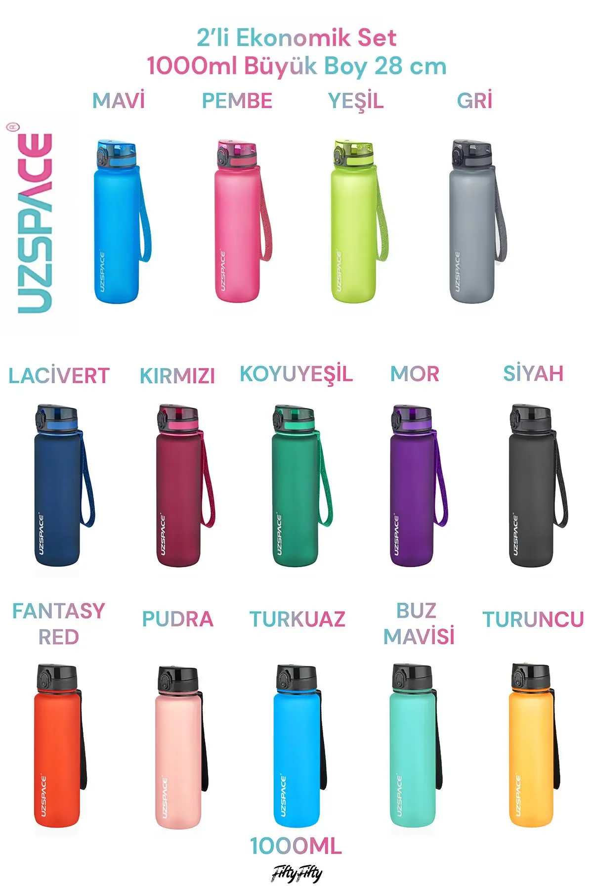 Uzspace 2`li Tritan Matara Seti 1000 ml Büyük Boy 14 Farklı Renk Seçeneği FiftyFifty