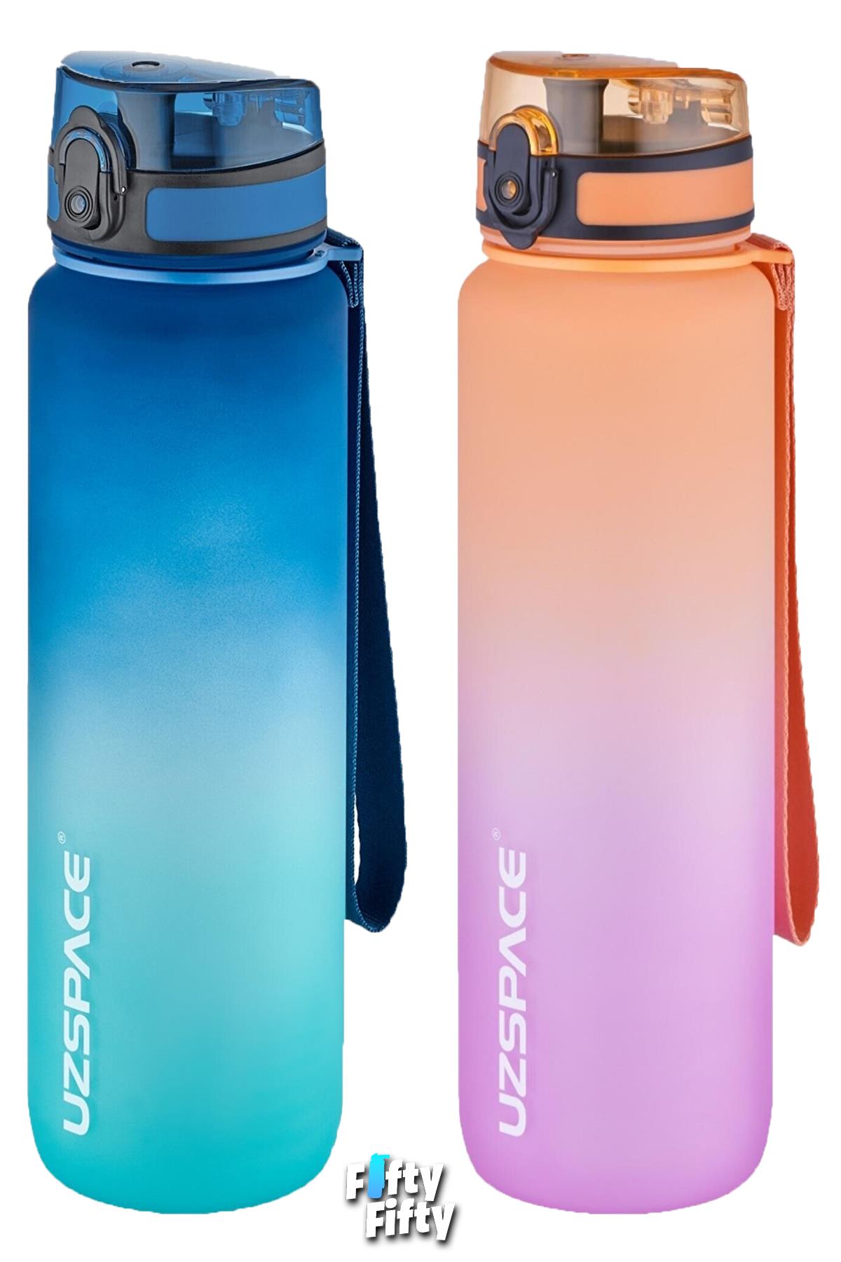 Uzspace 2'li Tritan Matara Seti 1000ml BÜYÜK BOY Çift Renk Softtouch FF Collection Tritan Su Matarası - Maviturkuaz-Morturuncu