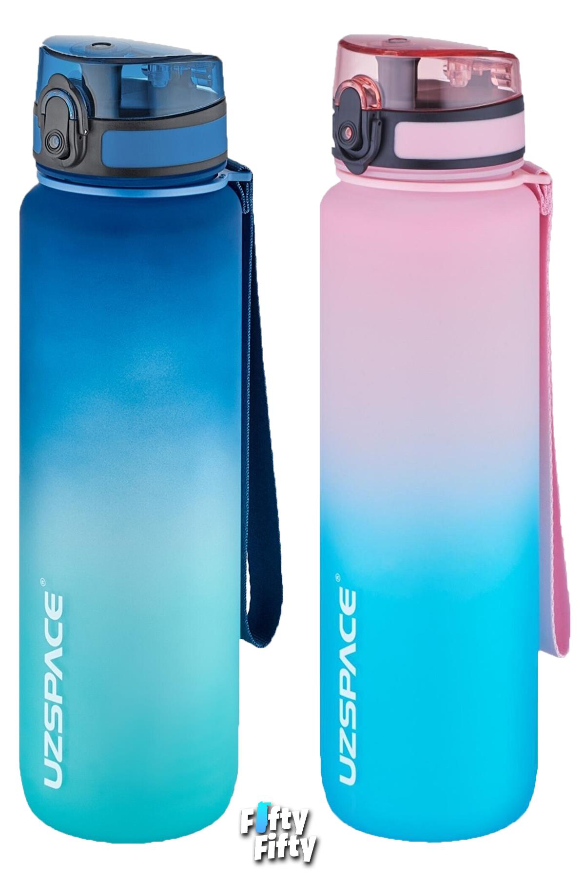 Uzspace 2'li Tritan Matara Seti 1000ml BÜYÜK BOY Çift Renk Softtouch FF Collection Tritan Su Matarası - Maviturkuaz-Pembeyeşil