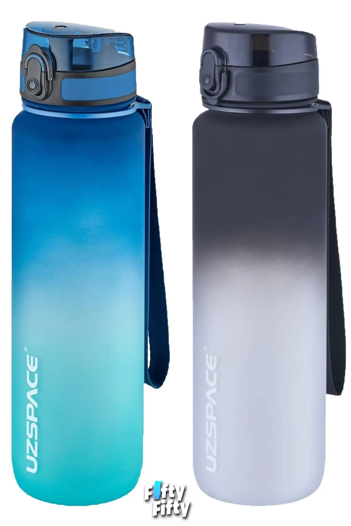 Uzspace 2'li Tritan Matara Seti 1000ml BÜYÜK BOY Çift Renk Softtouch FF Collection Tritan Su Matarası - Maviturkuaz-Siyahbeyaz