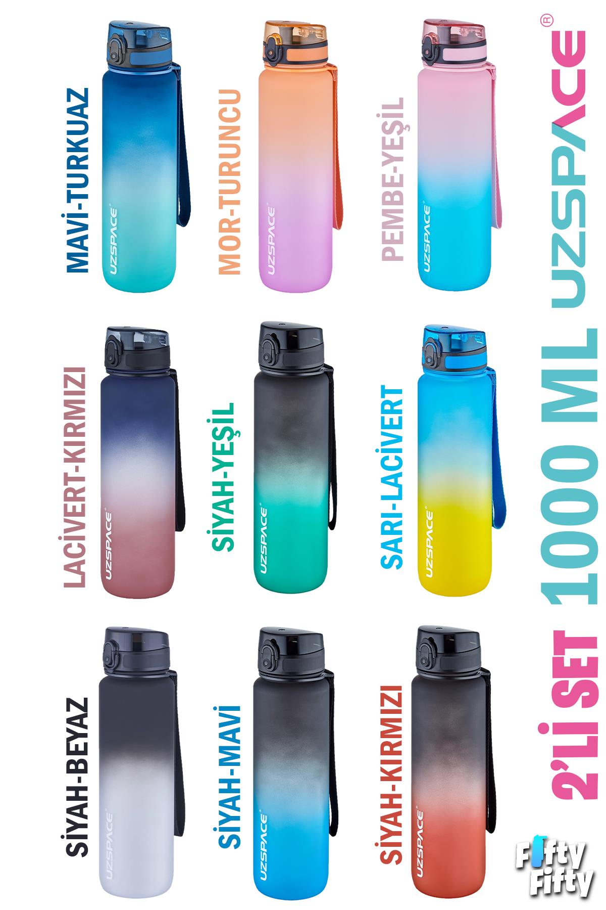 Uzspace 2`li Tritan Matara Seti 1000ml BÜYÜK BOY Çift Renk Softtouch FF Collection Tritan Su Matarası