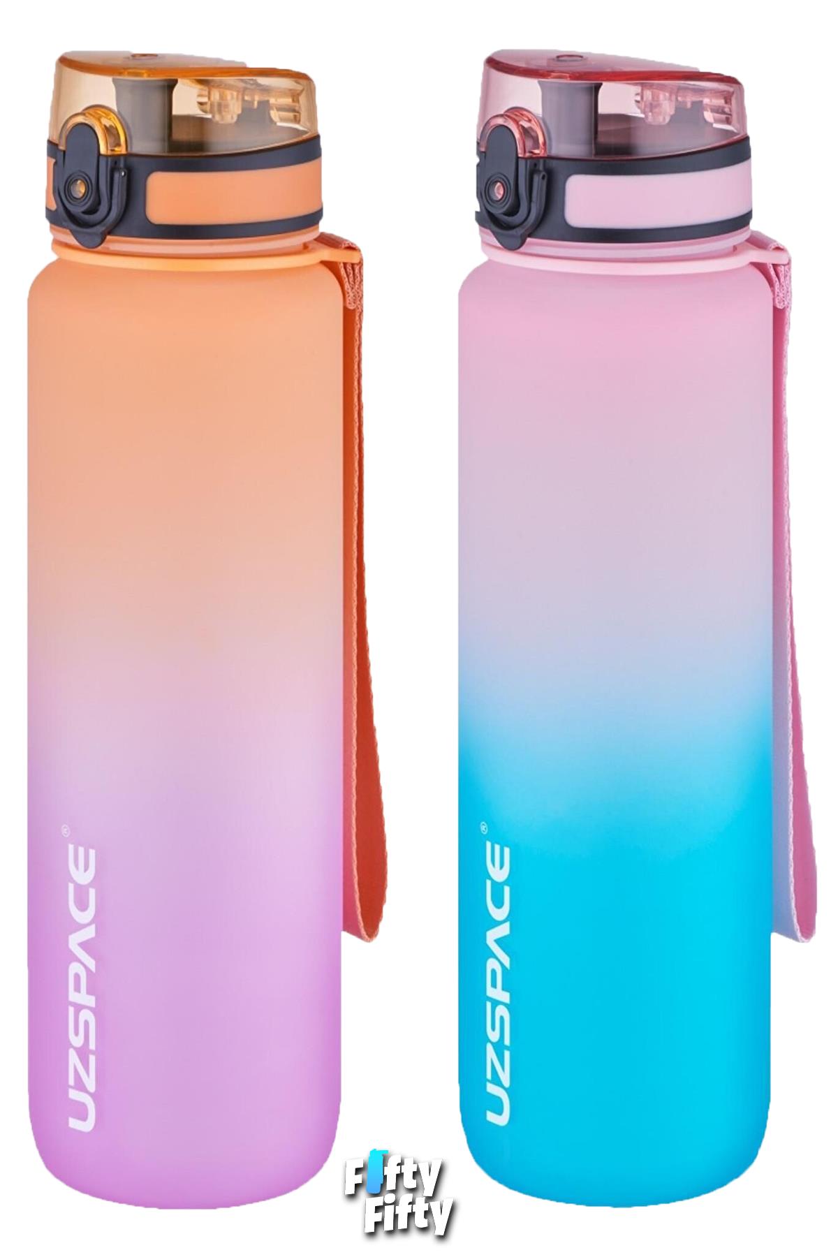 Uzspace 2'li Tritan Matara Seti 1000ml BÜYÜK BOY Çift Renk Softtouch FF Collection Tritan Su Matarası - Morturuncu-Pembeyeşil