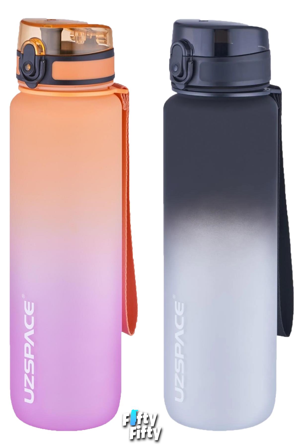 Uzspace 2'li Tritan Matara Seti 1000ml BÜYÜK BOY Çift Renk Softtouch FF Collection Tritan Su Matarası - Morturuncu-Siyahbeyaz