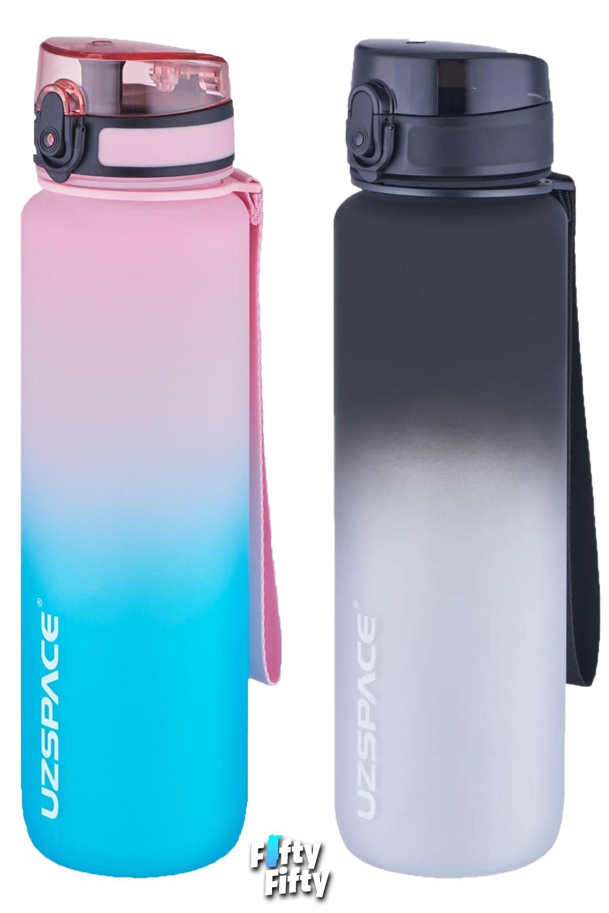 Uzspace 2'li Tritan Matara Seti 1000ml BÜYÜK BOY Çift Renk Softtouch FF Collection Tritan Su Matarası - Pembeyeşil-Siyahbeyaz