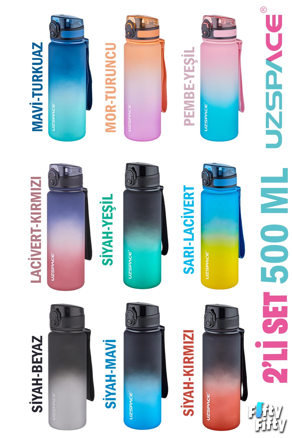 Uzspace 2`li Tritan Matara Seti 500 ml Çift Renk Softtouch FF Collection Tritan Su Matarası