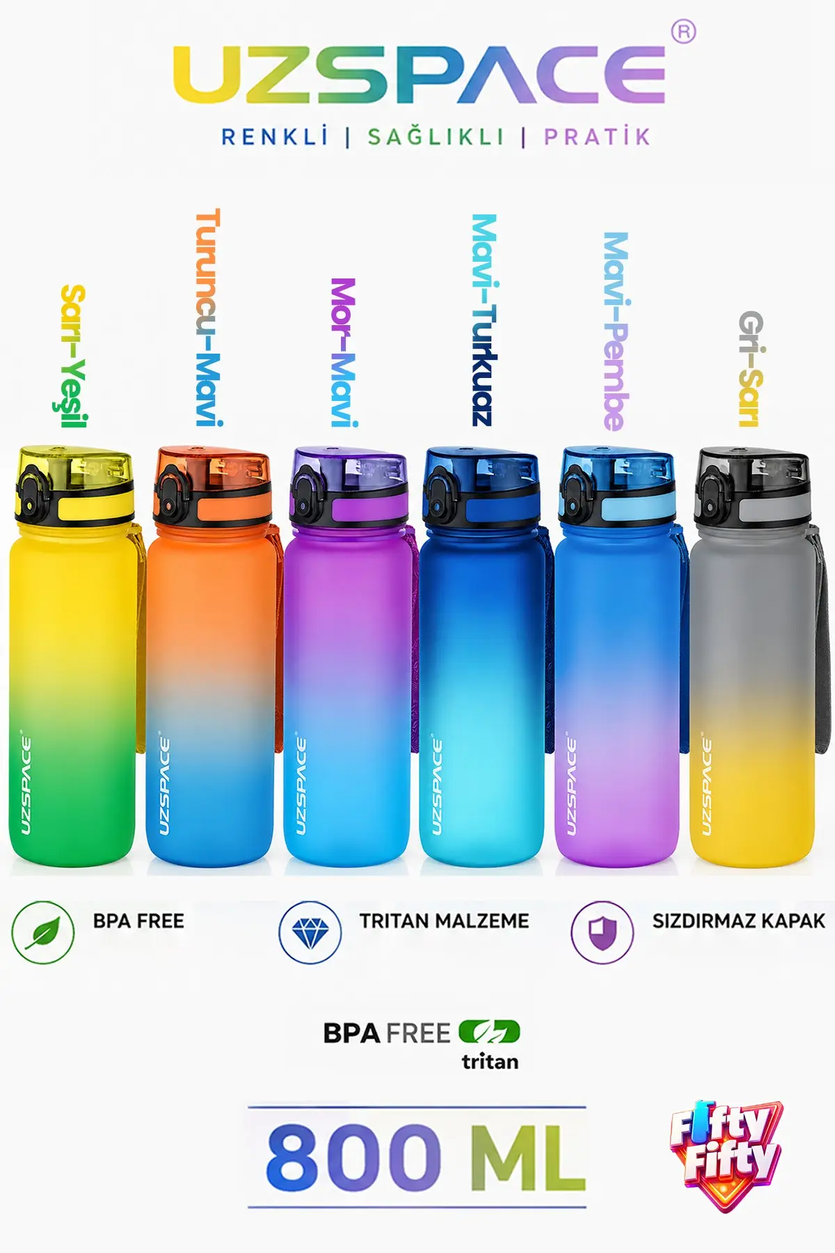 Uzspace 2'li Tritan Matara Seti 800 ml Çift Renk Softtouch FF Collection Tritan Su Matarası