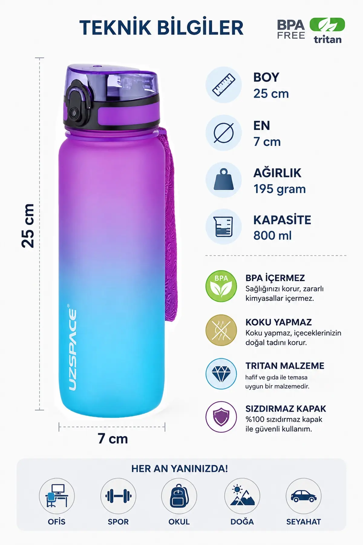 Uzspace 2'li Tritan Matara Seti 800 ml Çift Renk Softtouch FF Collection Tritan Su Matarası