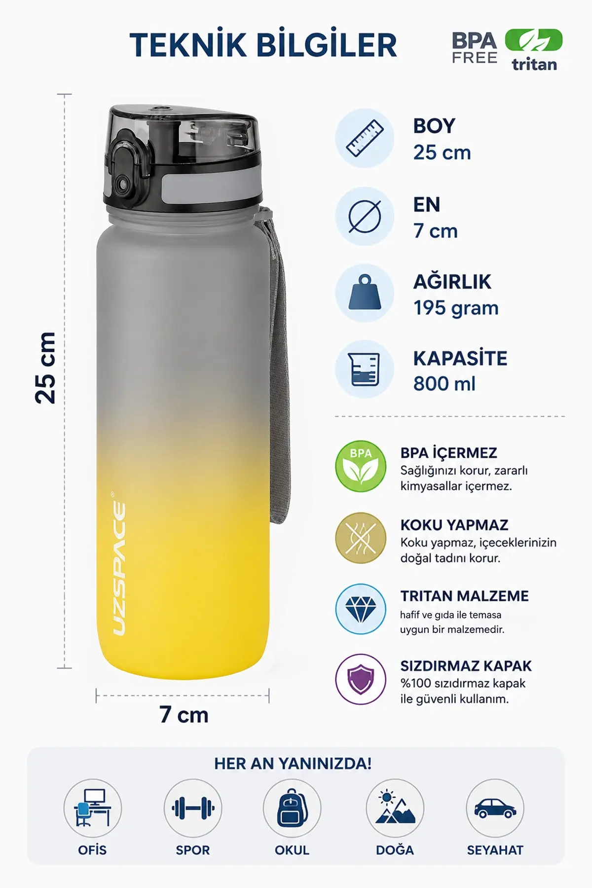 Uzspace 2'li Tritan Matara Seti 800 ml Çift Renk Softtouch FF Collection Tritan Su Matarası