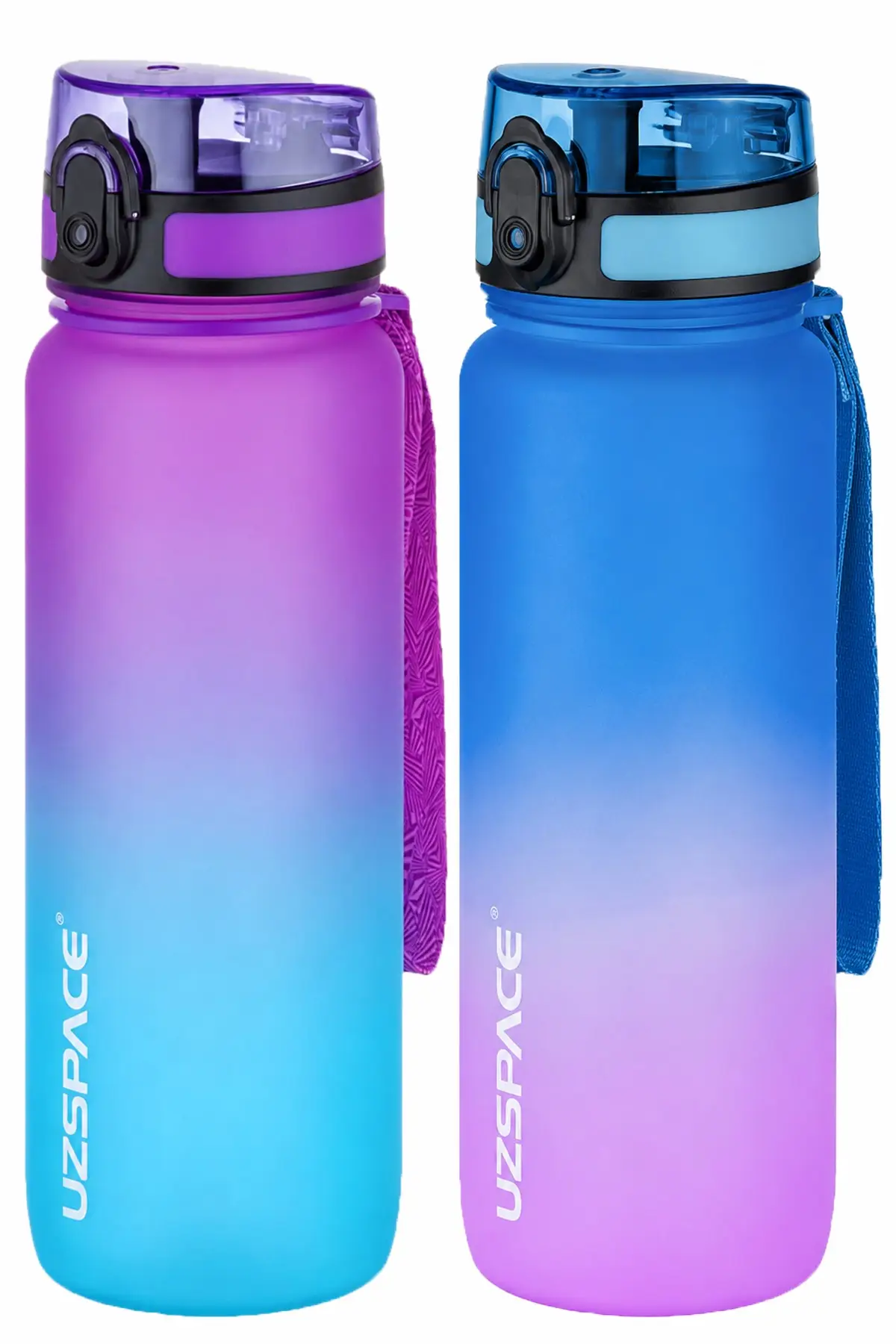 Uzspace 2'li Tritan Matara Seti 800 ml Çift Renk Softtouch FF Collection Tritan Su Matarası - MorMavi-MaviPembe